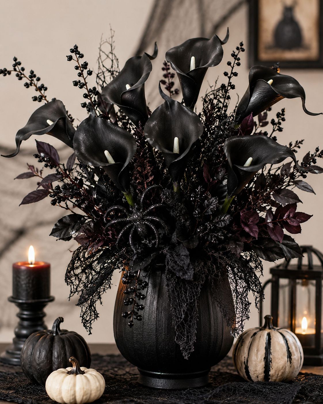 Black Calla Lily Faux Flowers Set of 5 Artificial Stems Gothic Modern Home Decor