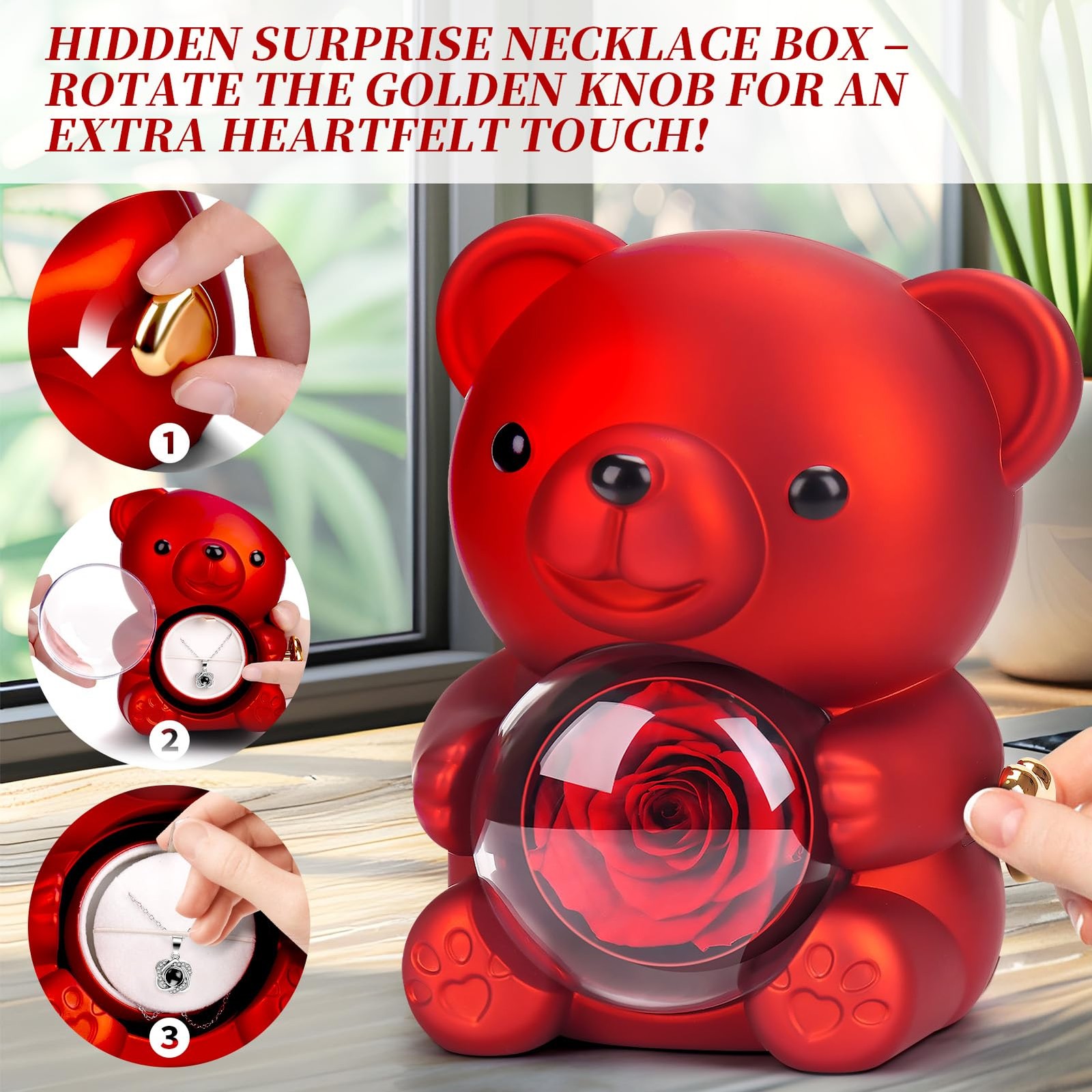 Valentines Day Gifts for Her, Teddy Bear with Preserved Real Rose and Necklac…