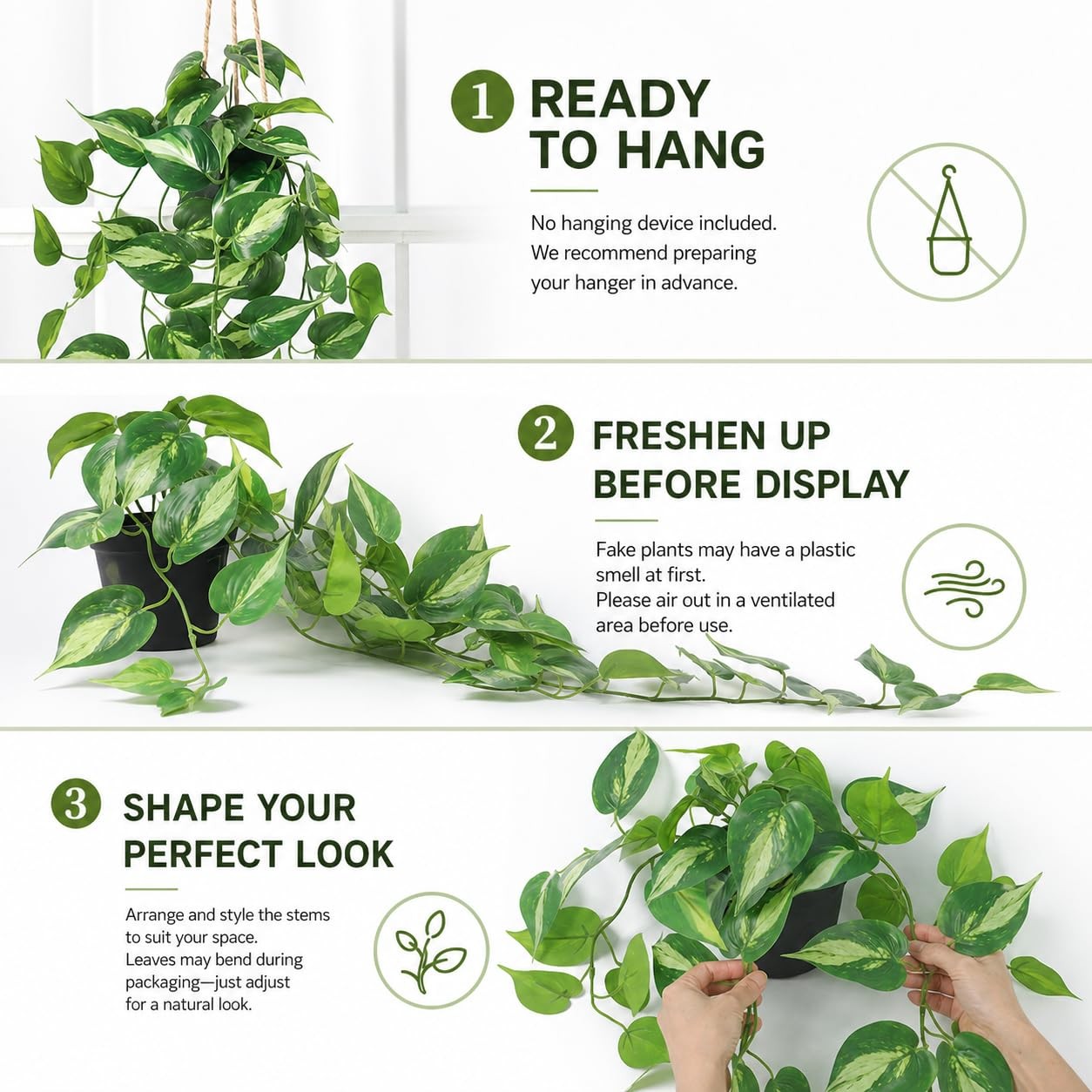 Fake Pothos Hanging Plants Artificial Ivy Vines with Pots – Realistic Indoor …