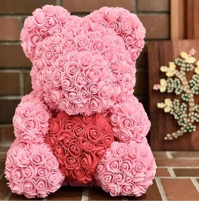 Holiday/ Birthday Gift Rose Bear 14” Pink with Red heart forever Rose Teddy Bear