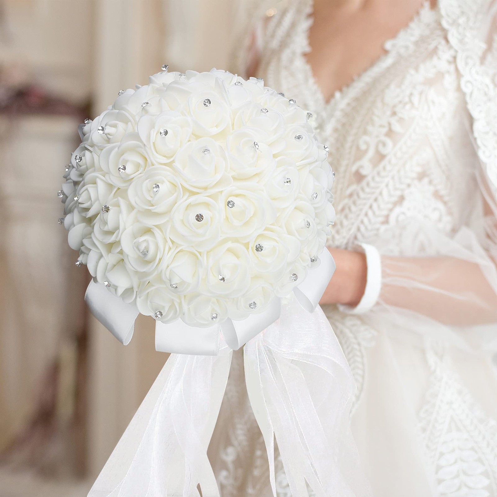 Wedding Bridal Bouquet, Handmade Crystal Ribbon Rhinestone Wedding Bridesmaid…