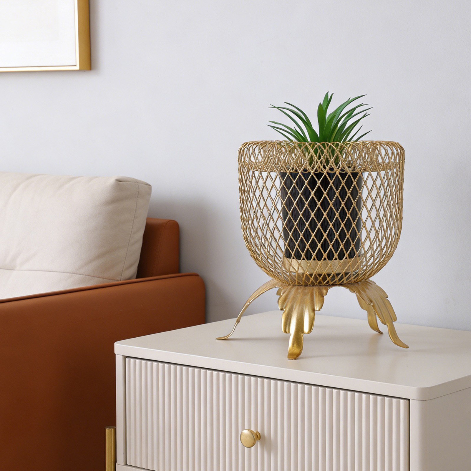 Small Fake Plant With Metal Cage Decorative Potted Artificial Succulent For Home