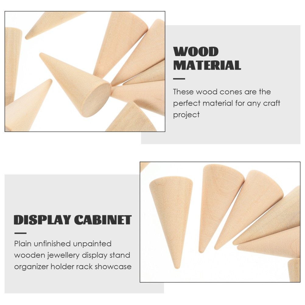 10Pcs DIY Craft Cones Wooden Beige Unpainted Ornament Ring Holder Stand