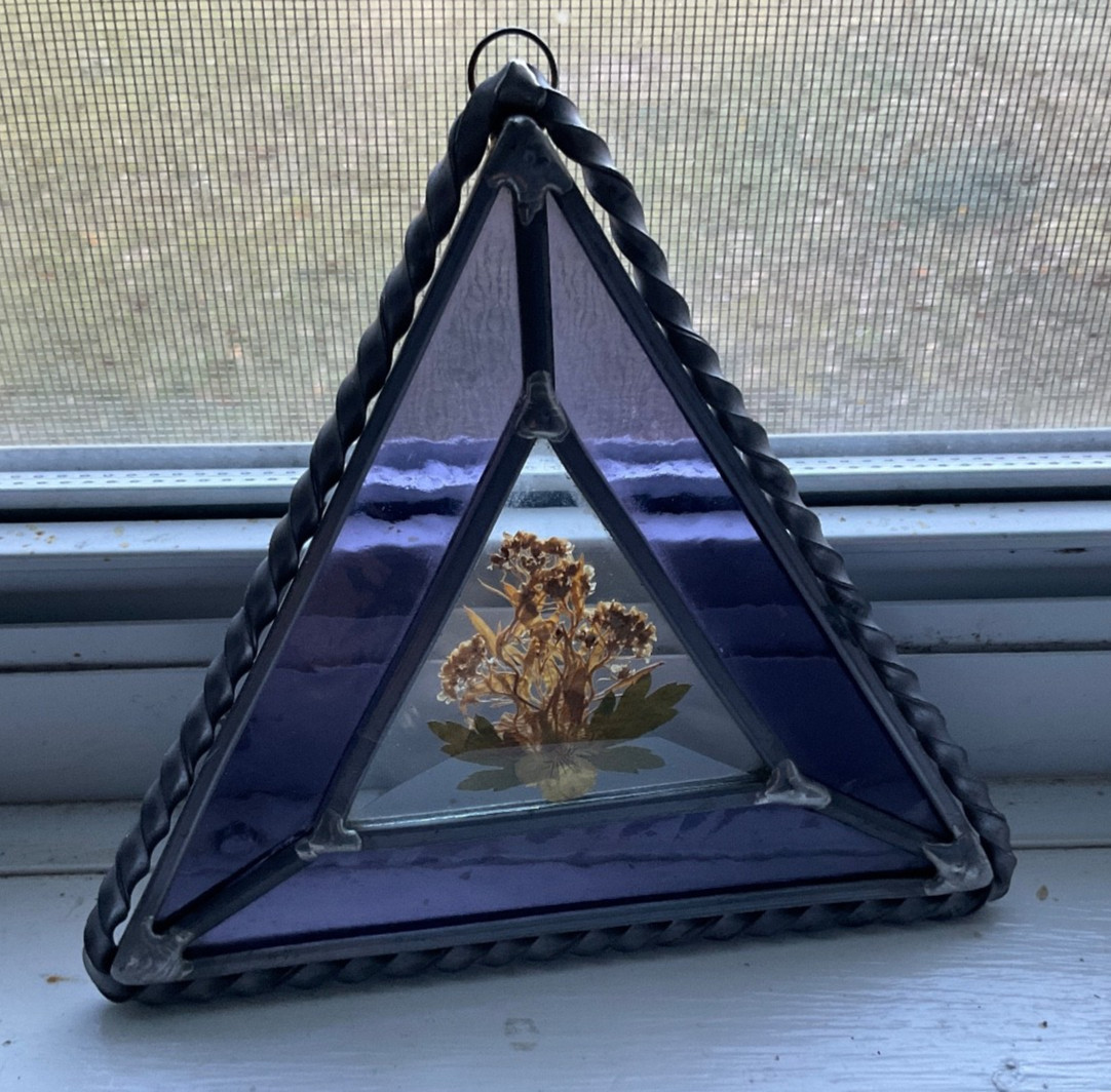 Pressed Flower Art in Floating Beveled Glass-Twisted Pewter Frame-Ornament/Decor