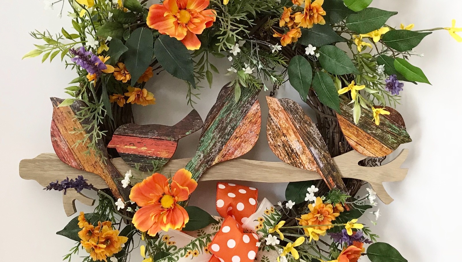 SPRING WILDFLOWERS GRAPEVINE WREATH BIRDS ON LIMB SUMMER ORANGE YELLOW FLORAL
