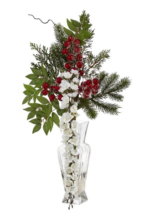 Nearly Natural 25″ Wisteria Iced Pine & Berries Arrangement in Vase (6-1)