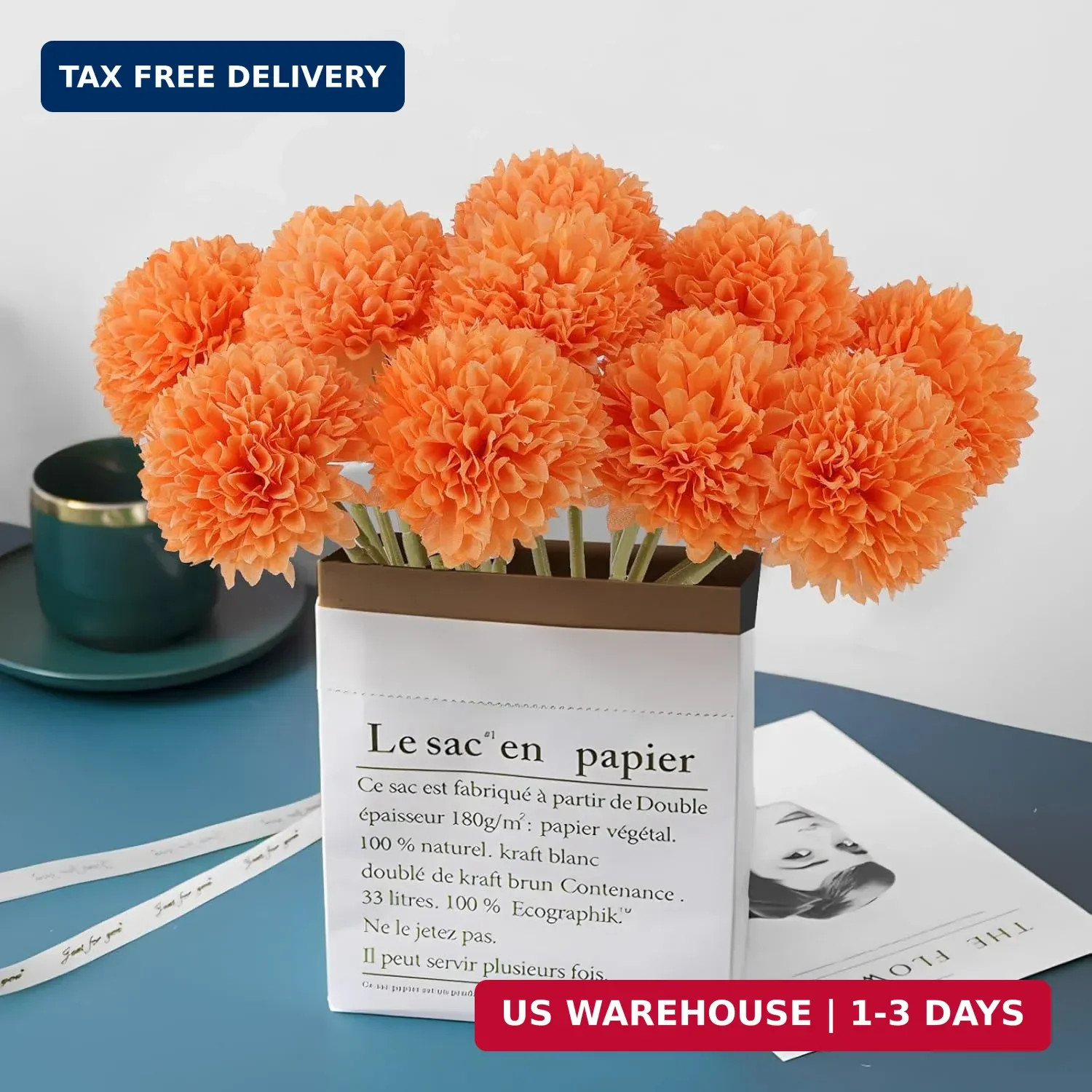 Rowfad 12 Pcs Artificial Chrysanthemums Fall Flowers Silk Orange Marigolds Flowe