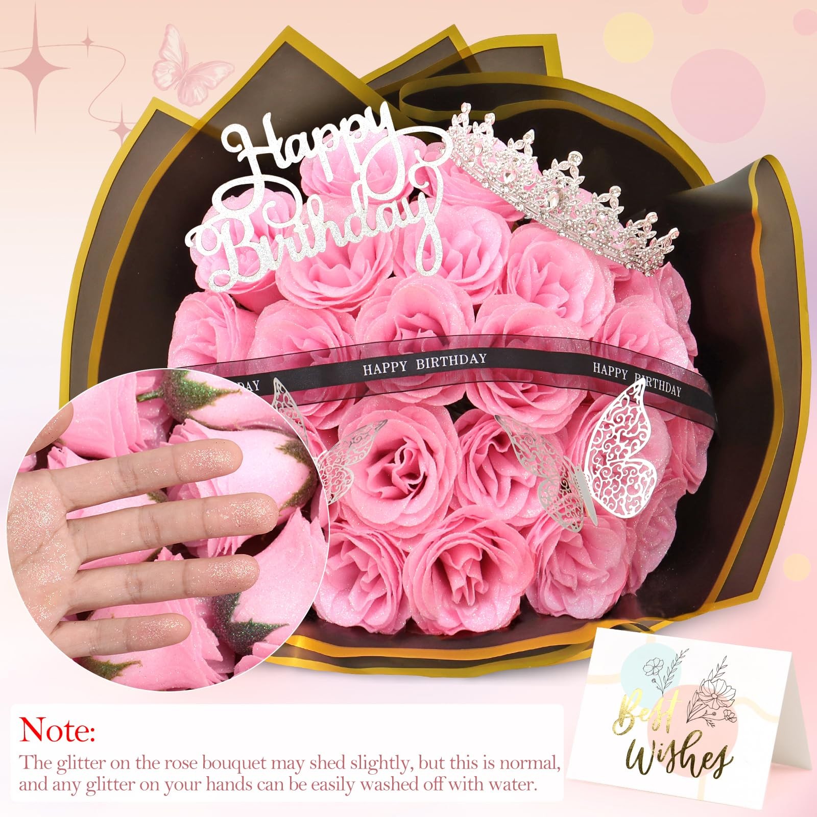 Glitter Roses Bouquet 24 Pink DIY Gift for Women Mom – Birthday Decor
