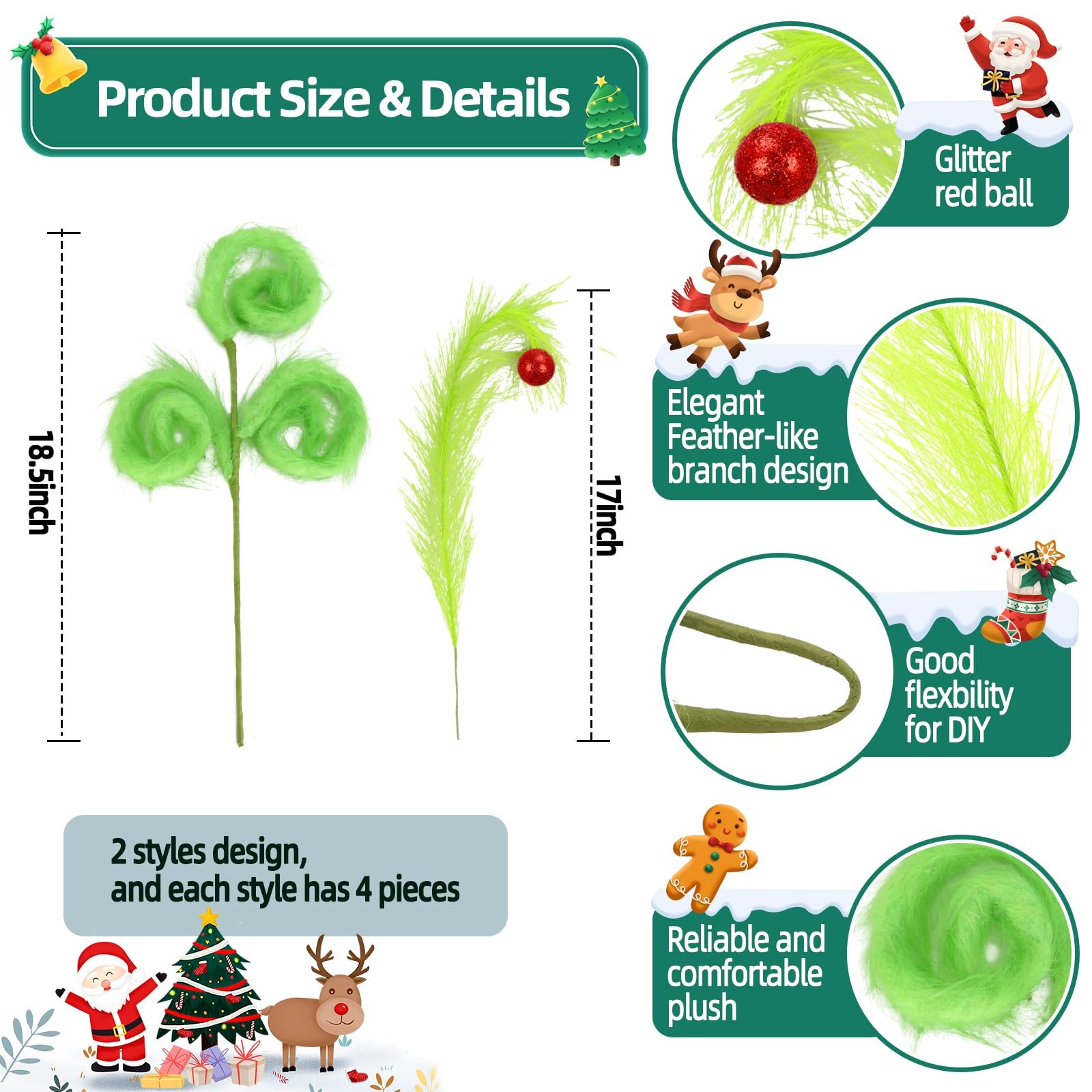 8 PCS 17 Inch Lime Green Christmas Tree Topper Ornament Furry Pick Red Ball