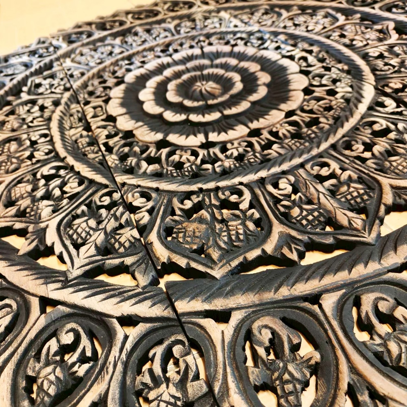 Round Floral Mandala Wood Carving Panel Black 90 cm, 3-Piece Set #B