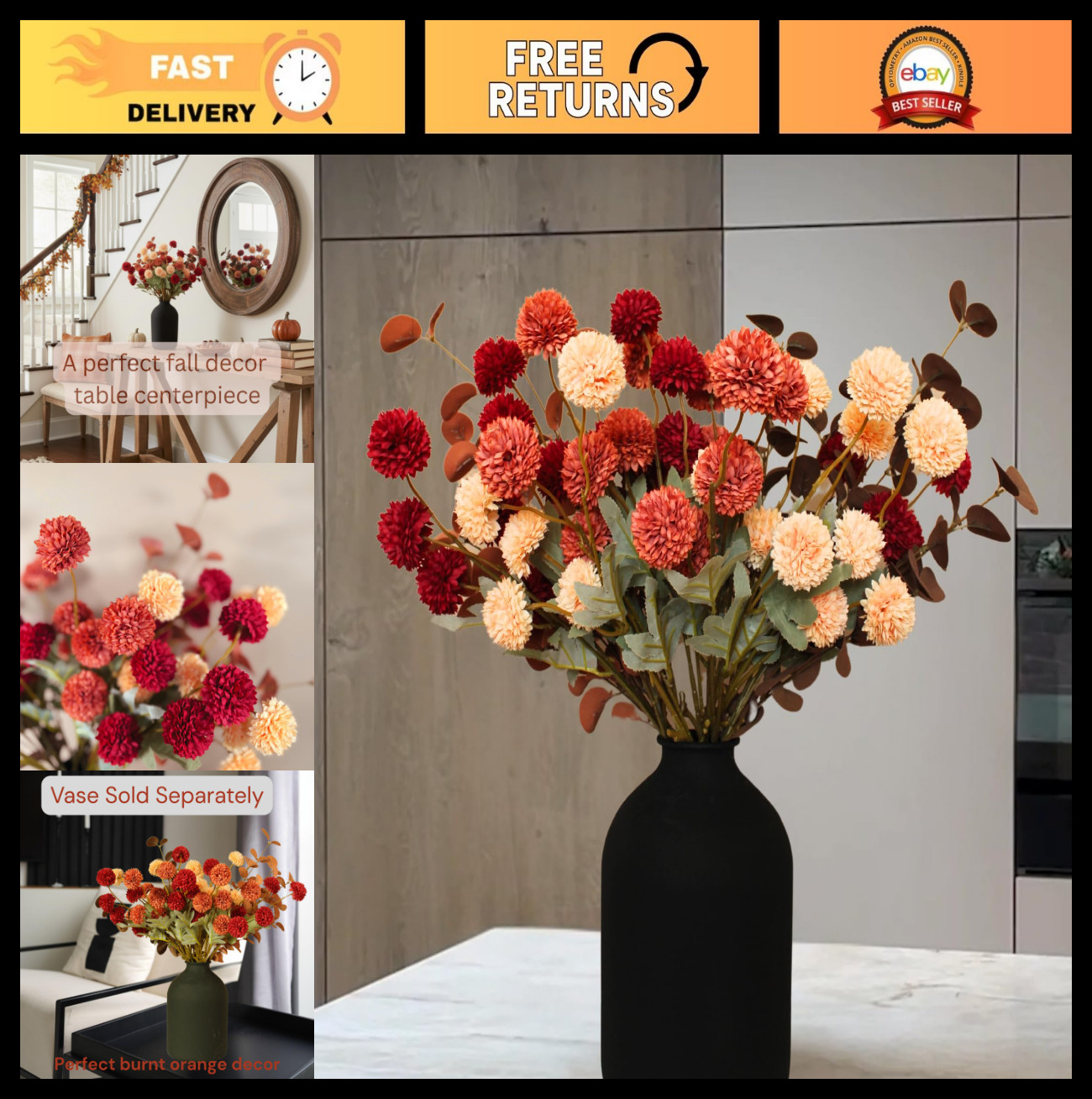 Autumn Floral Arrangement – Burnt Orange Faux Kiku & Eucalyptus Stems, 10 Pack