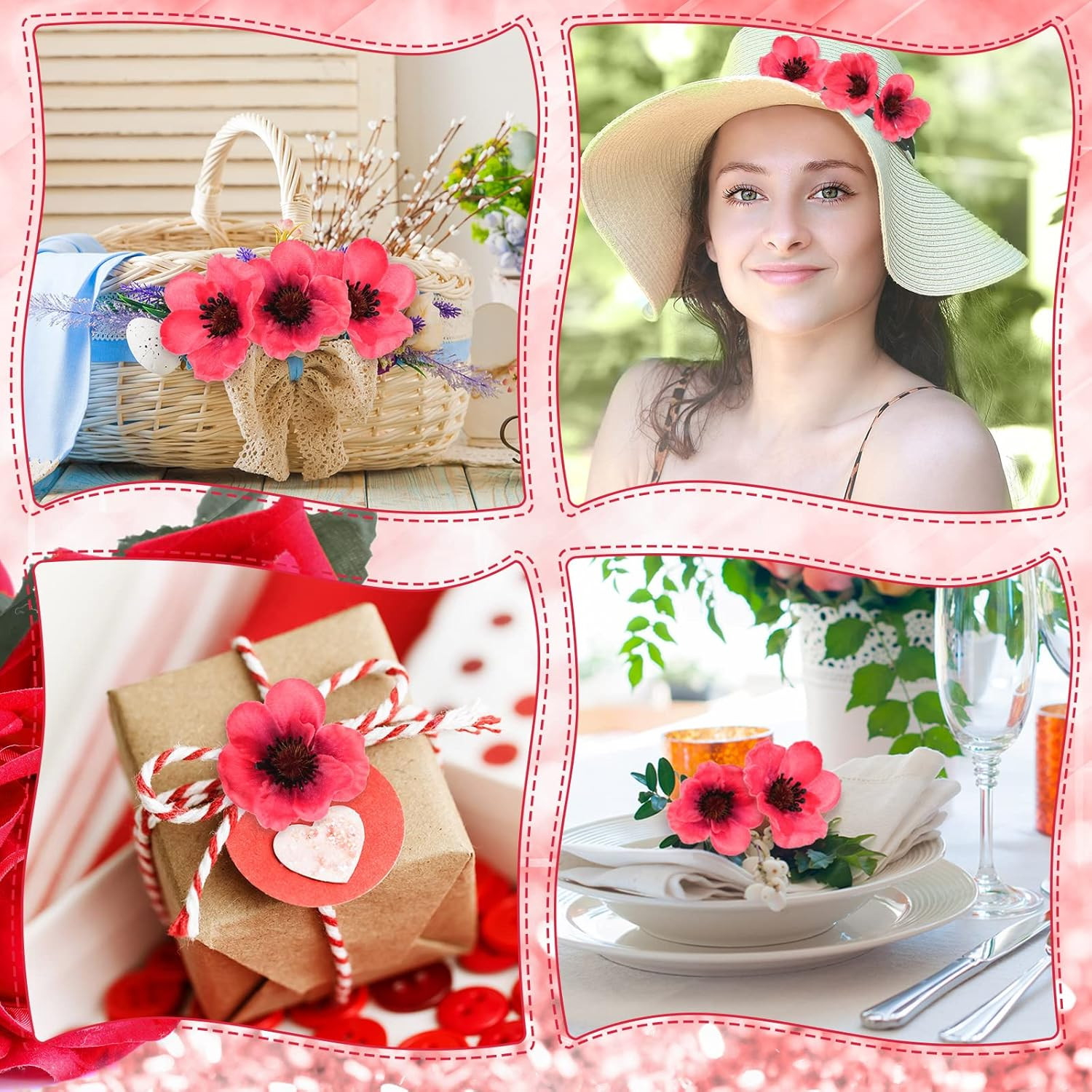 Xinnun 60 Pieces Artificial Poppies Flowers Red Poppy Artificial Silk Faux Steml