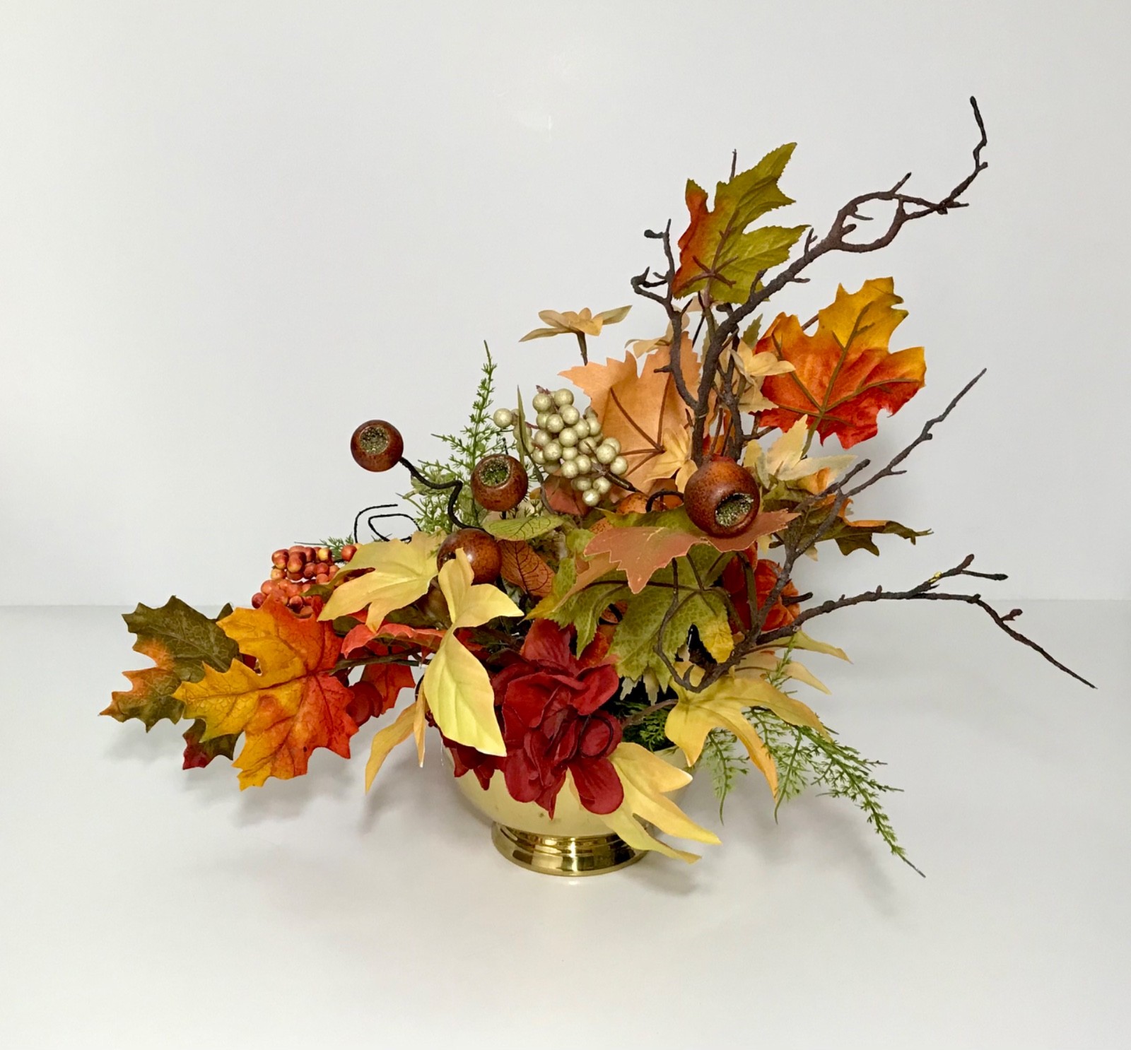 MODERN FALL HARVEST ARRANGEMENT BRASS CONTAINER THANKSGIVING CENTERPIECE TABLE