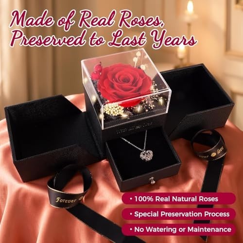 Real Red Rose Gift Box with Heart Necklace, “I Love You” in 100 Languages, Roman