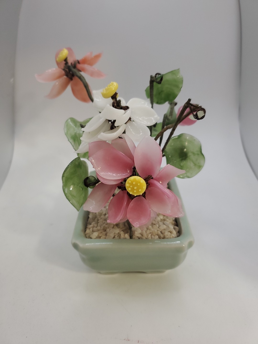 Vintage Glass & Jade Pink Flower Arrangement ~ Set Of 2