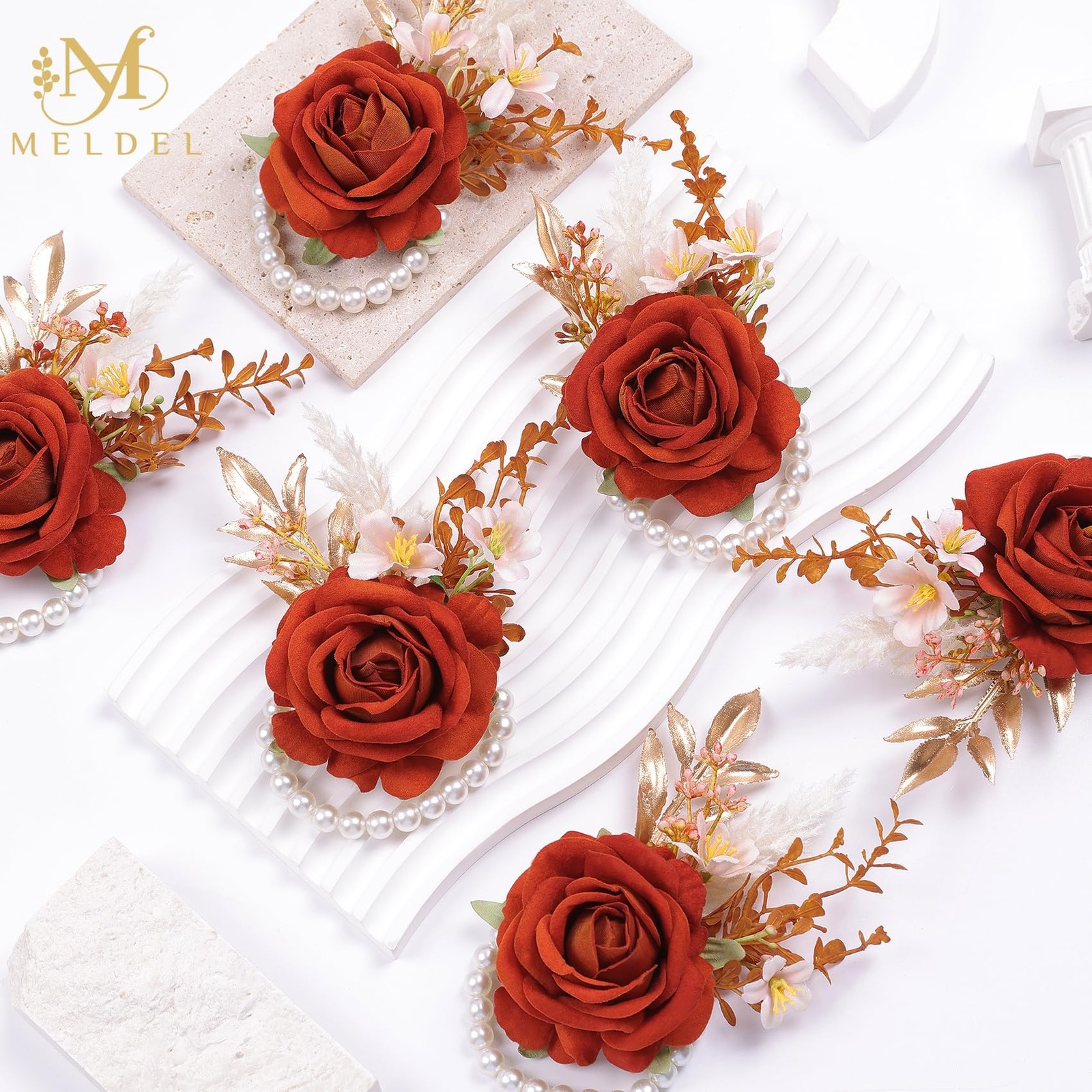 Burnt Orange Wrist Corsage and Boutonniere Set, Flower On Wrist for Bride Bri…