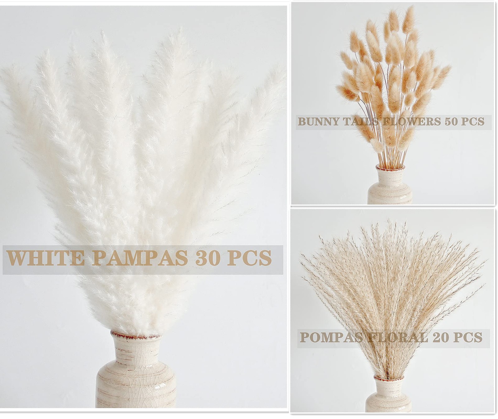 Natural Dried Pampas Grass Decor, White Pampas Grass， Bunny Tails Dried Flowe…