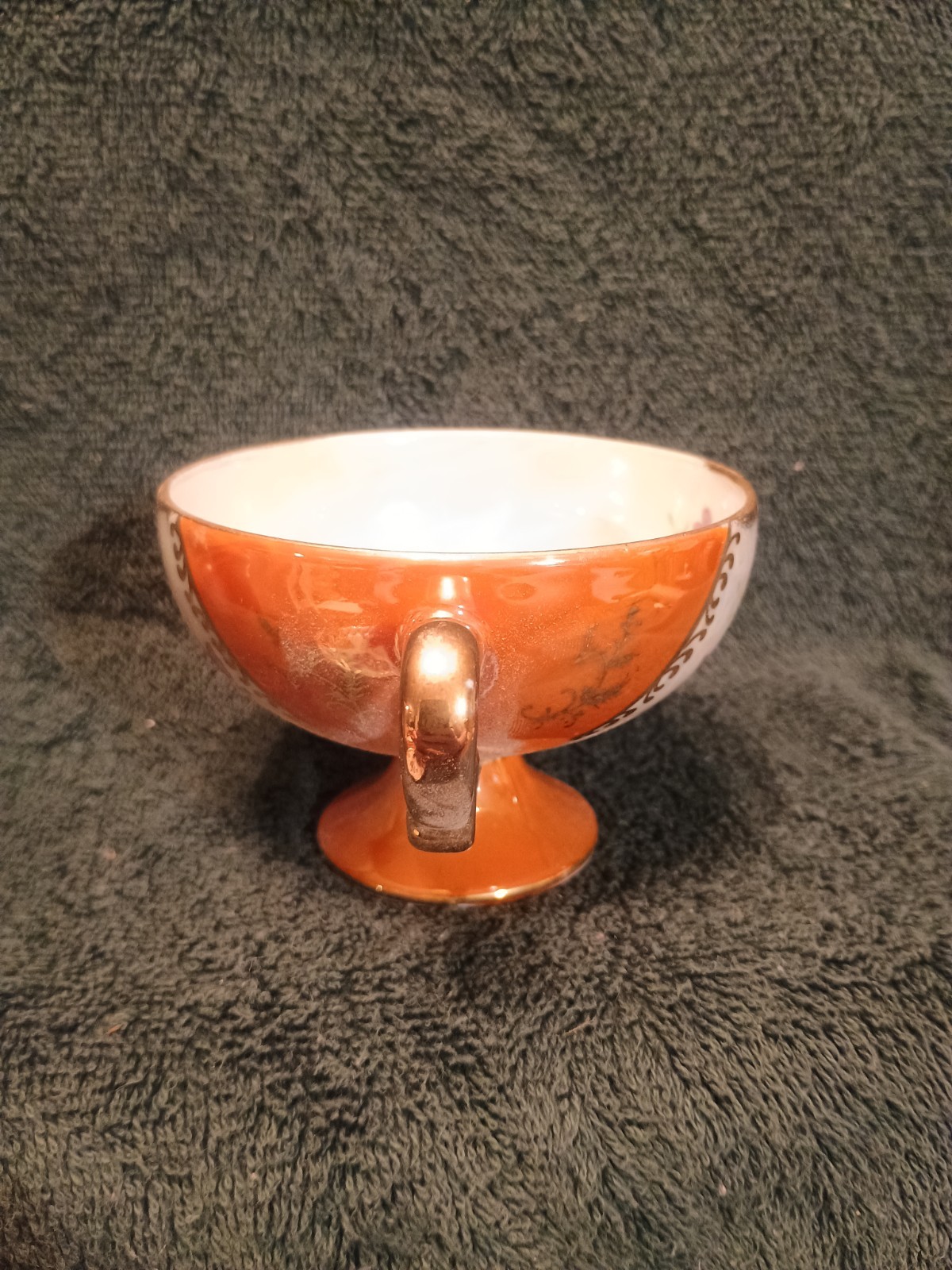Purple Flowers With Orange And Gold Trim. Cut Out Saucer