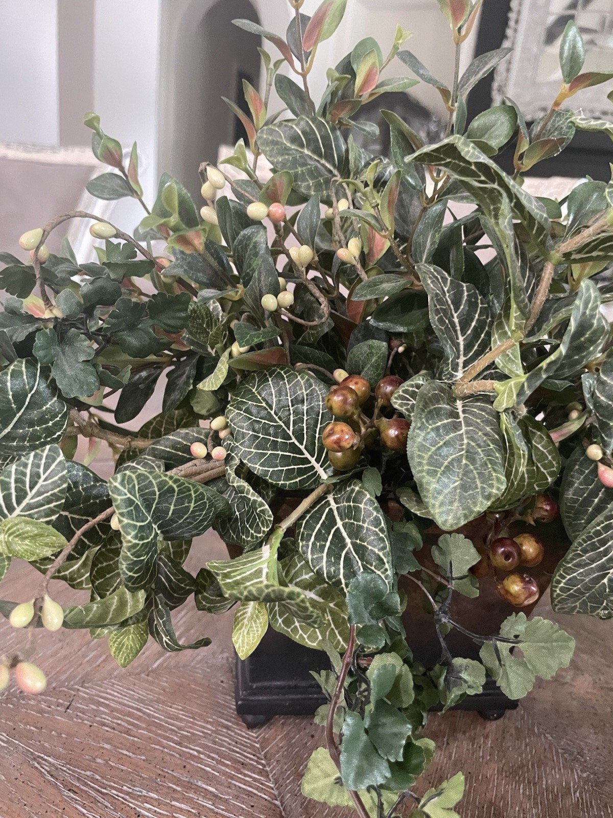 Faux Greenery & Berry Floral Arrangement Sm Resin Footed Container