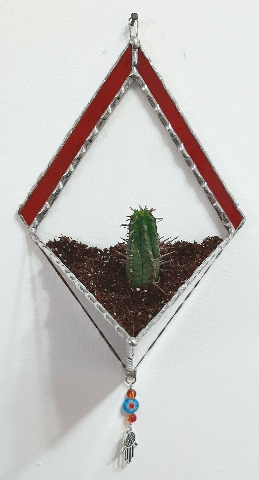 Transparent Terrarium in Shaped of Diamond Stained Glass with Red frame