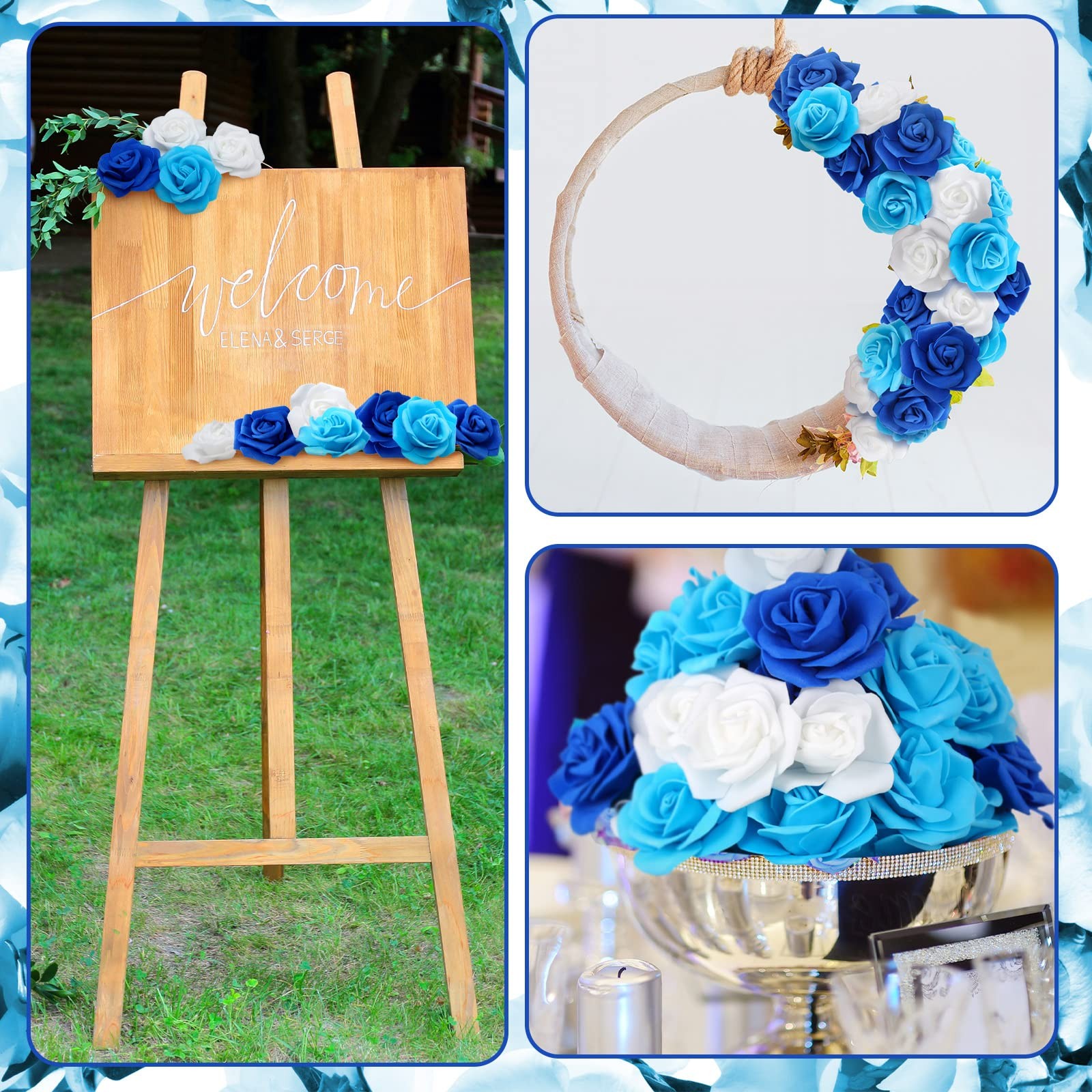 200 PCS 2.76 Inch White Blue Artificial Foam Rose Flower Heads Bulk Centerpiece