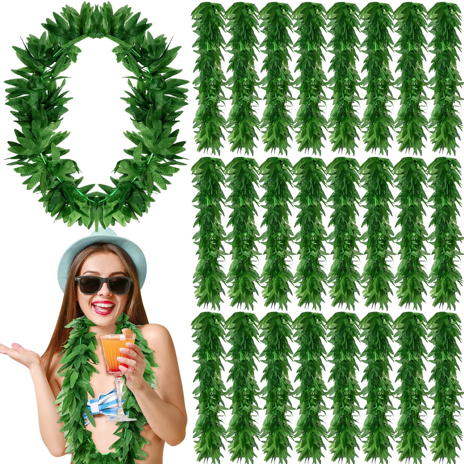 24 Pcs Tropical Green Leis Fern Leaf Necklace Green Fake Hawaiian Leis Artifi…