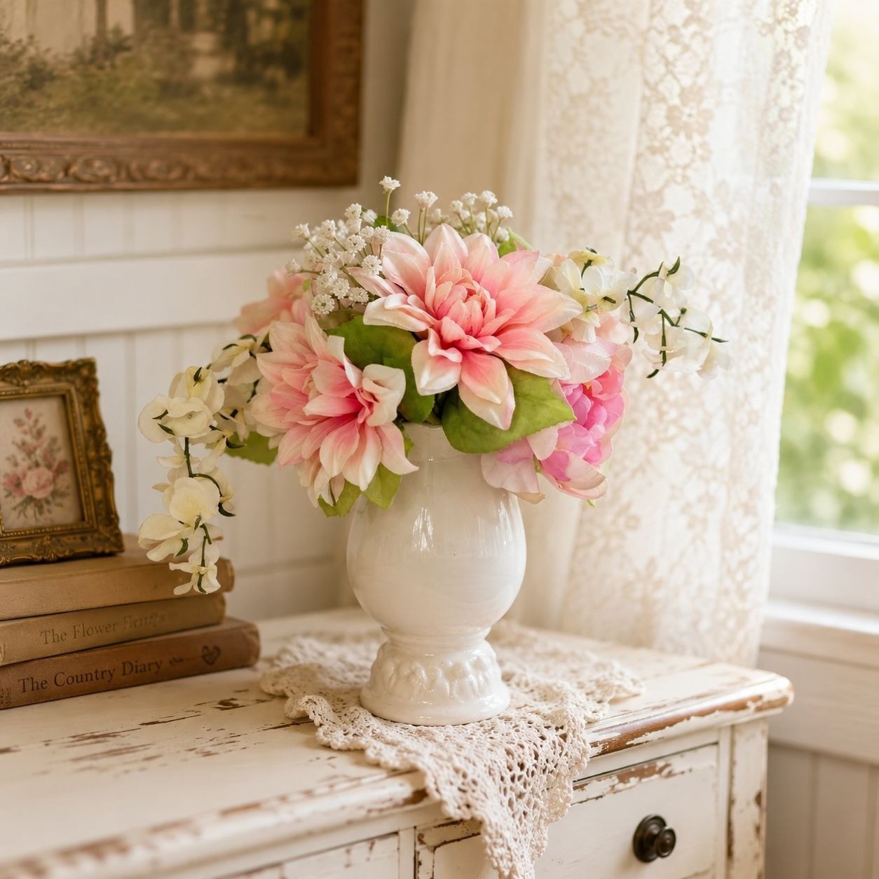 Vintage Faux Floral Arrangement White Ceramic Pedestal Vase Pink Peonies Decor