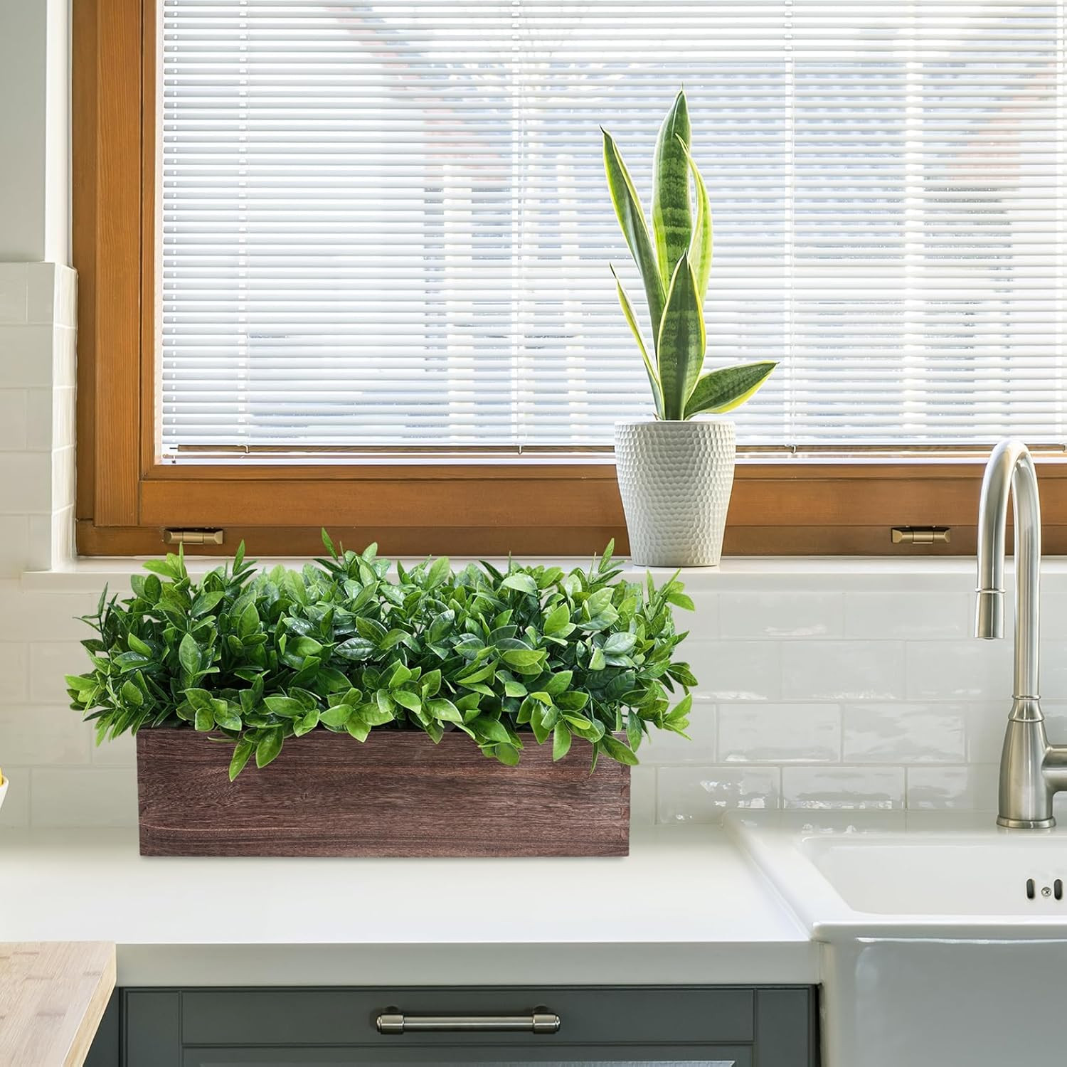 14″ Artificial Boxwood Plants in Rectangular Wood Planter Farmhouse Greenery Arr