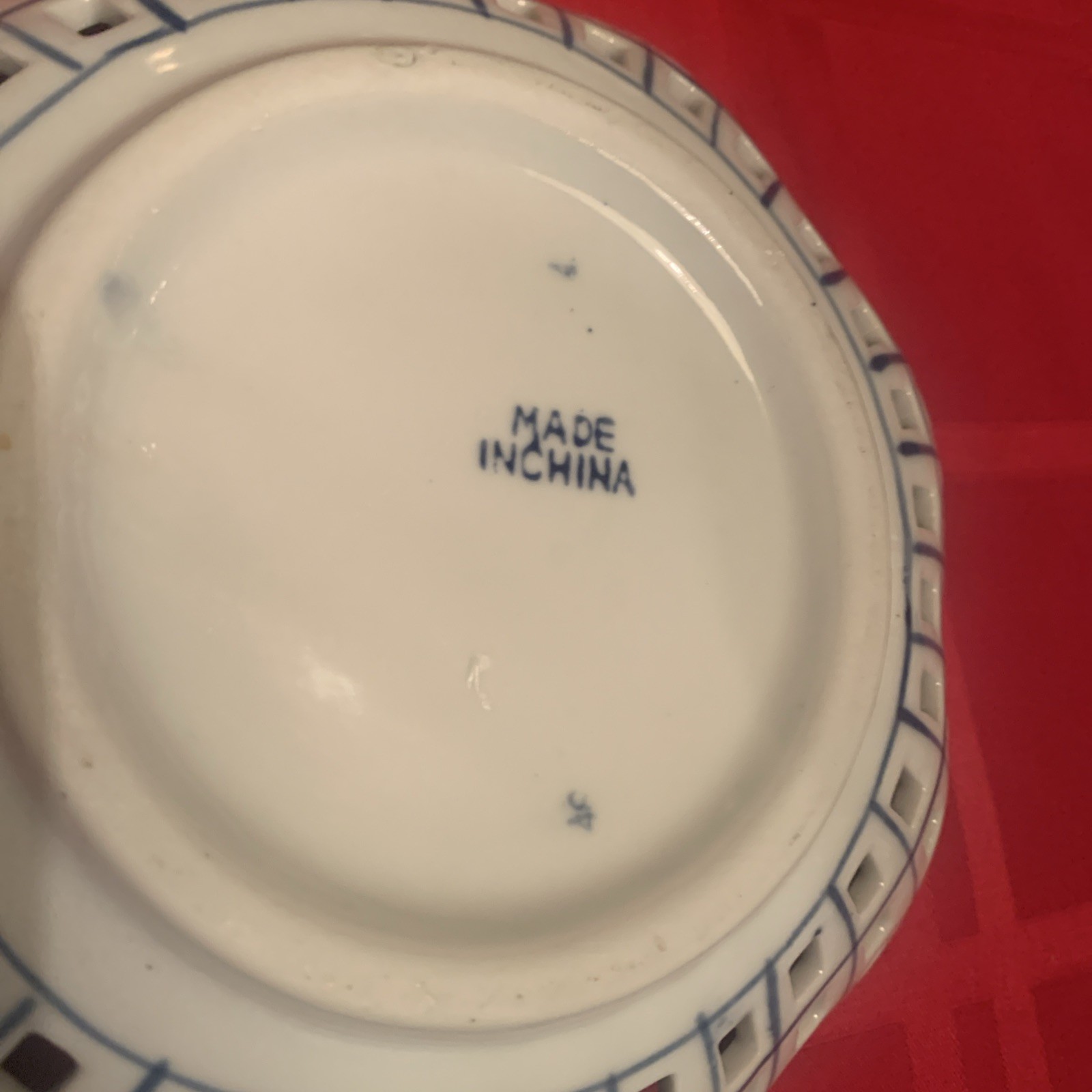 Ceramic Basketweave Fruit And Bread Bowl, Blue and White, Lattice Cut China 7.5″