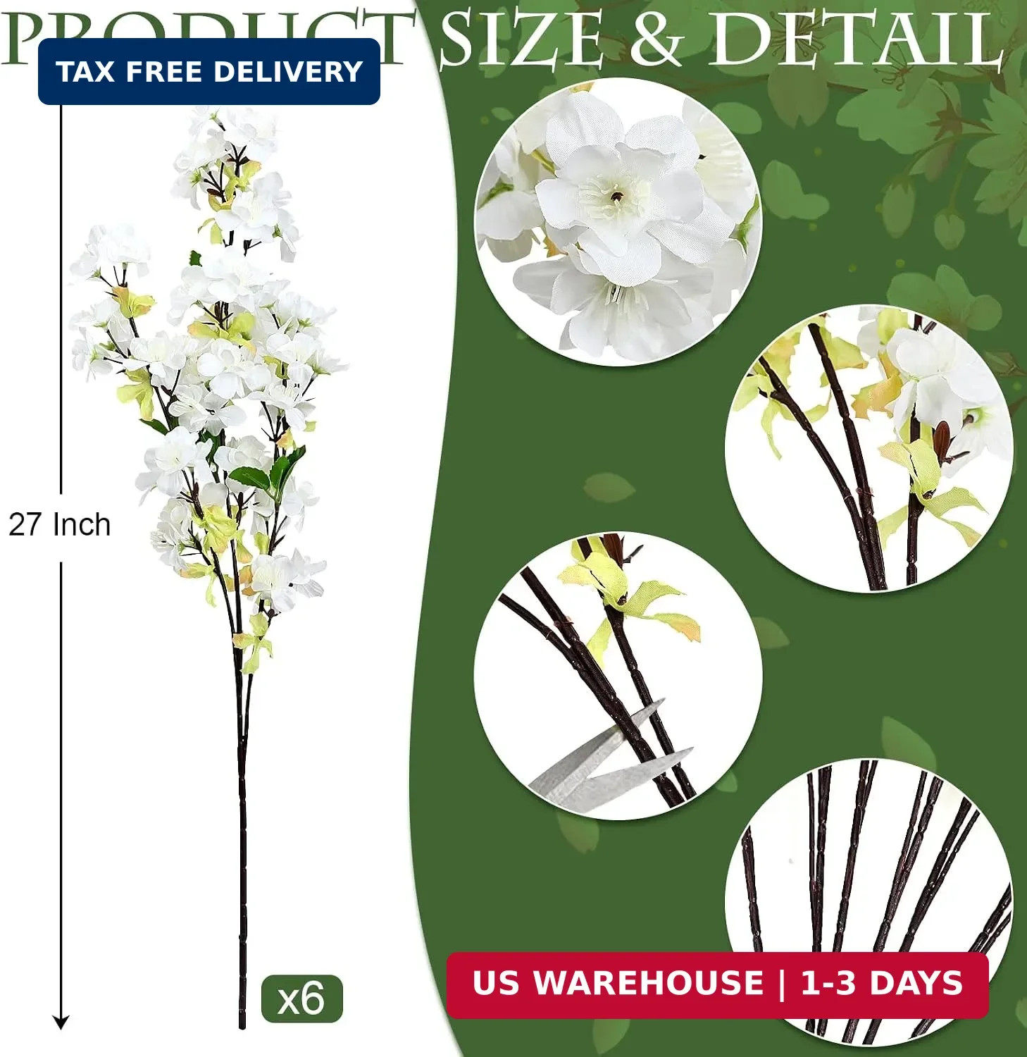 6Pcs White 27” Artificial Cherry Blossom Branches for Home Decor | Fake Silk, L