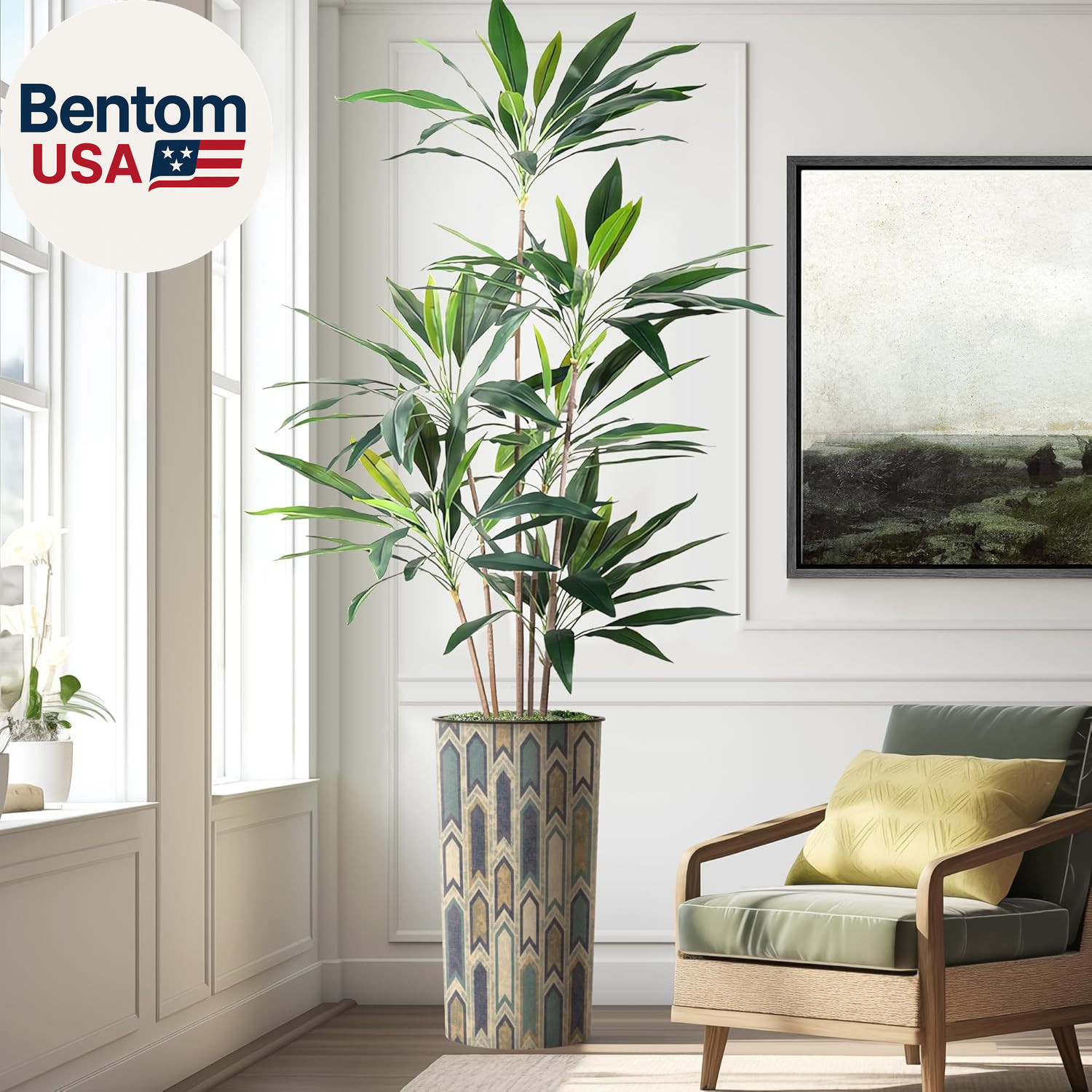 Artificial Tree in Modern Polygon Pattern Effect Planter, Fake Dracaena Tree Sil