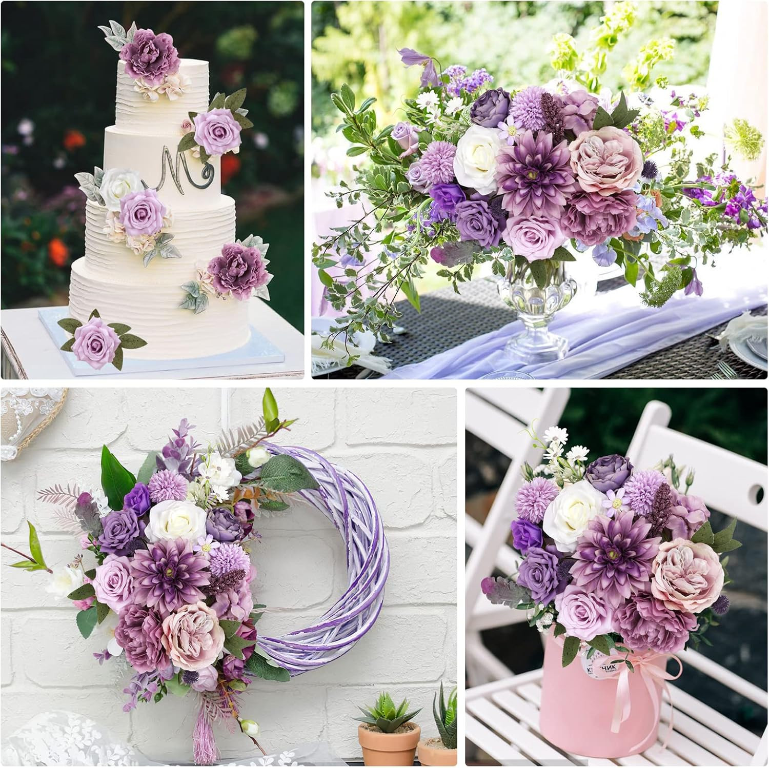 Artificial Purple Flowers Combo Silk Mix Peony Rose Hydrangea Fake Flowers W/Ste