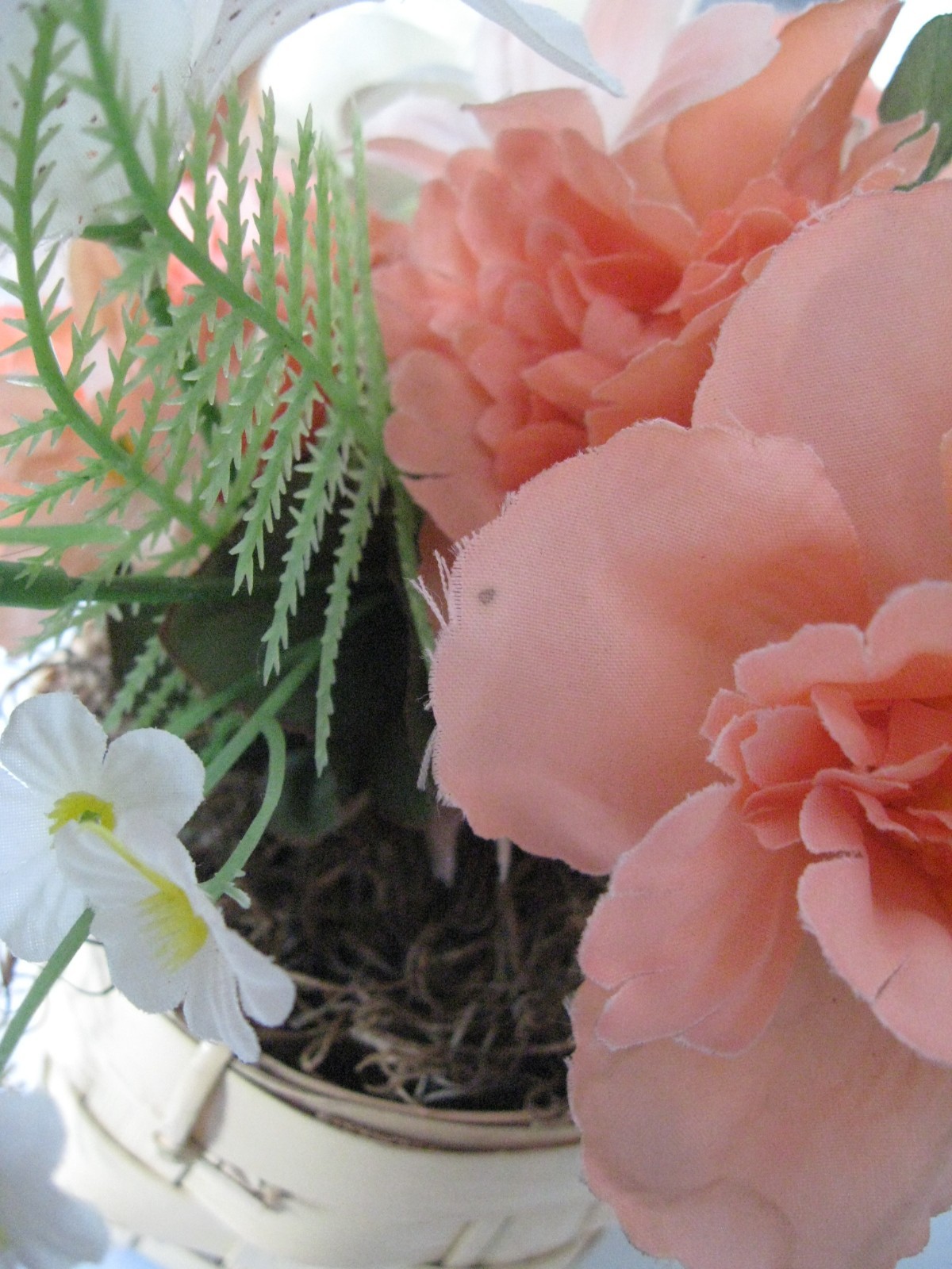 Artificial Floral Arrangement in Basket White Roses Lilies Peach Flowers Ferns