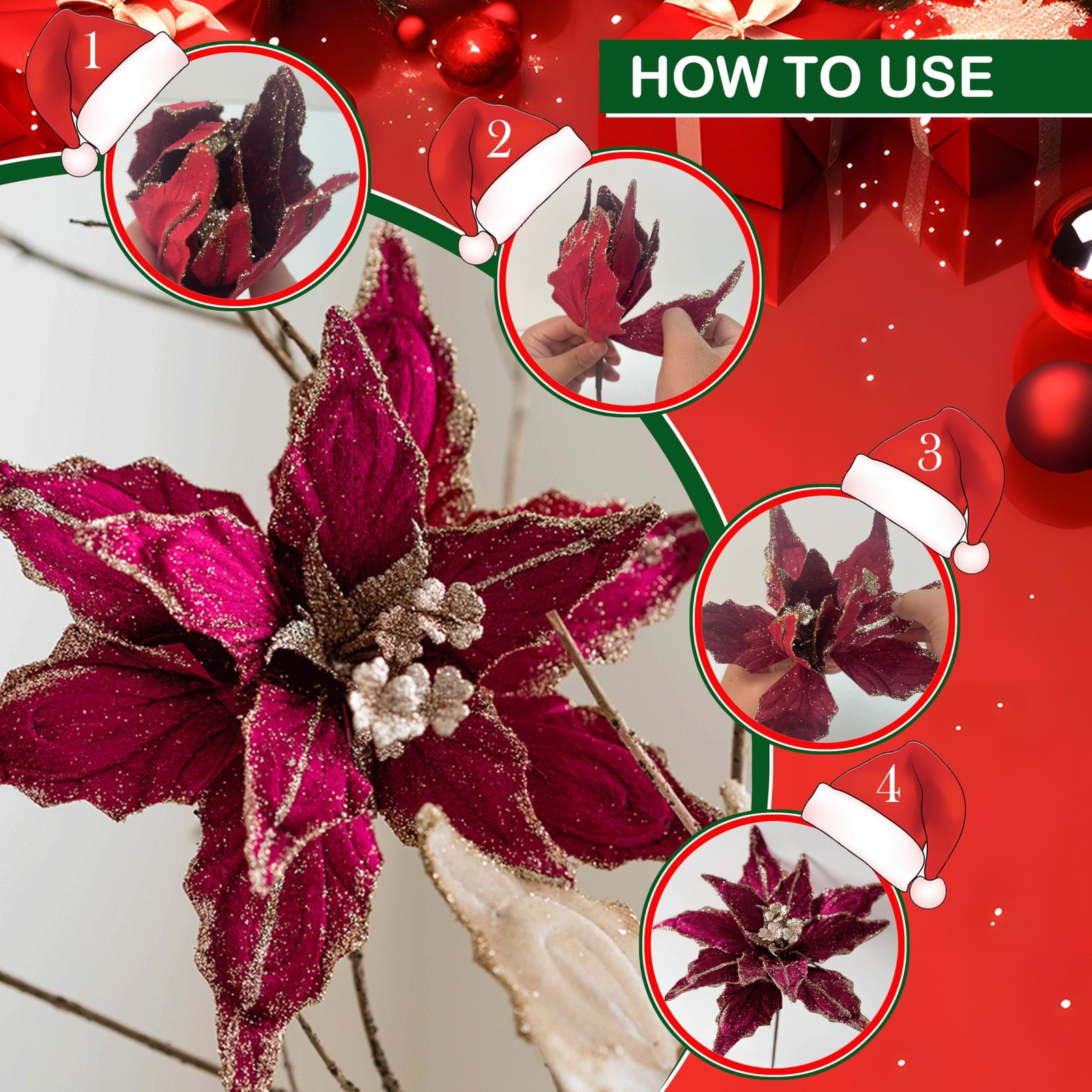 6 PCS Burgundy 11 Inch Artificial Red Velvet Poinsettia Flowers Glitter Decor