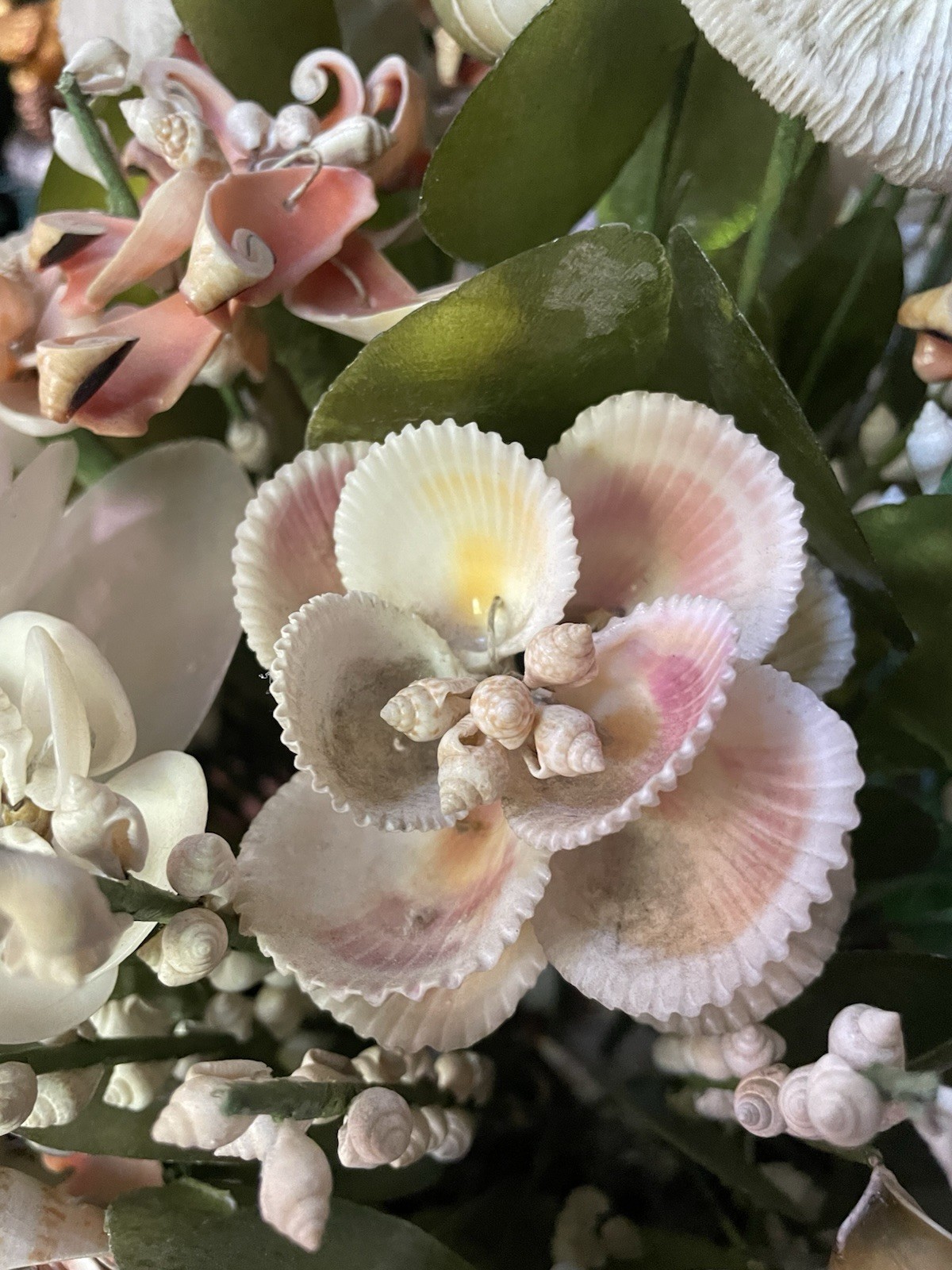 17″ Vintage Floral Centerpiece Seashells Flower Bouquet Arrangement capiz coral