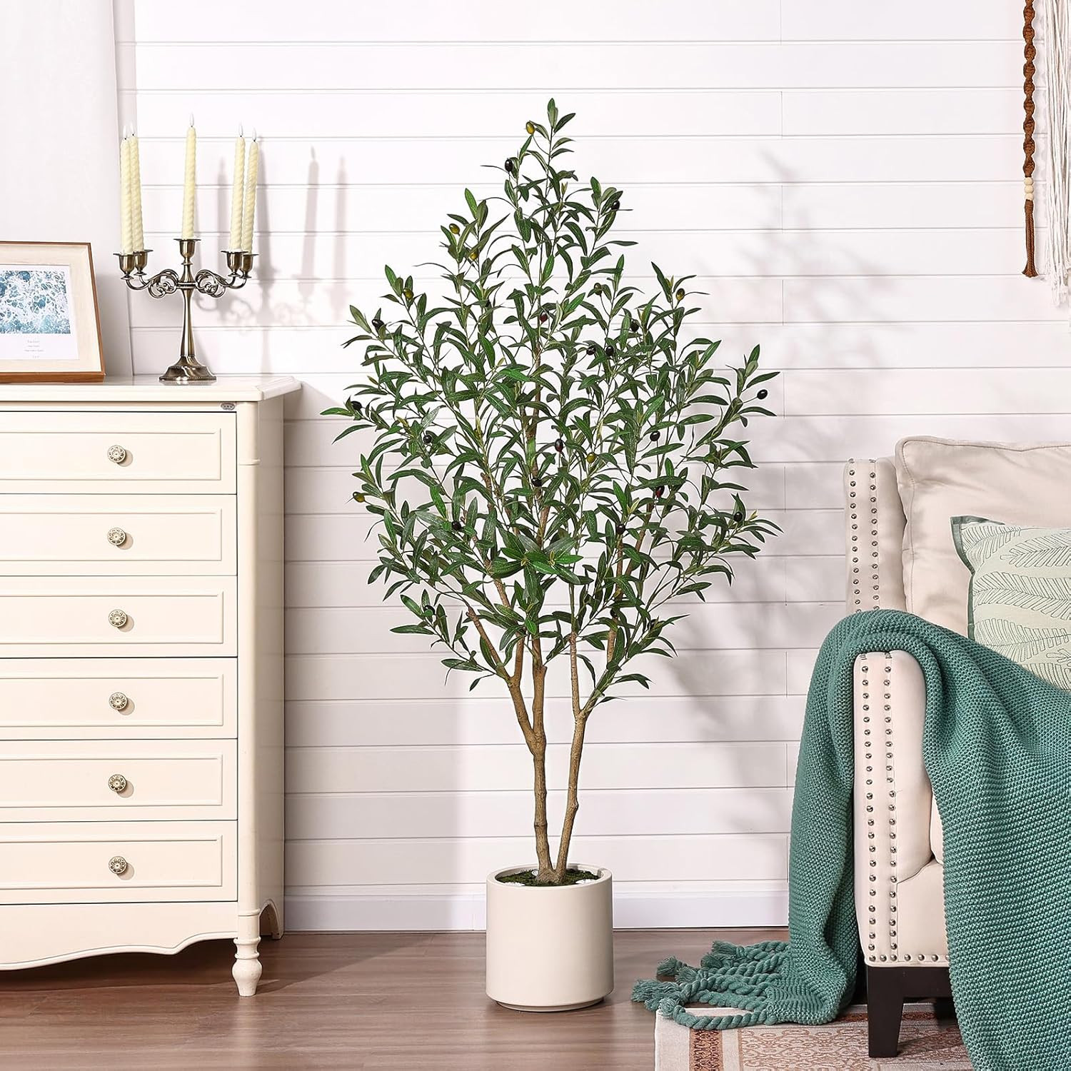5FT Artificial Olive Tree with LED Spotlights in White Planter for Home Decor