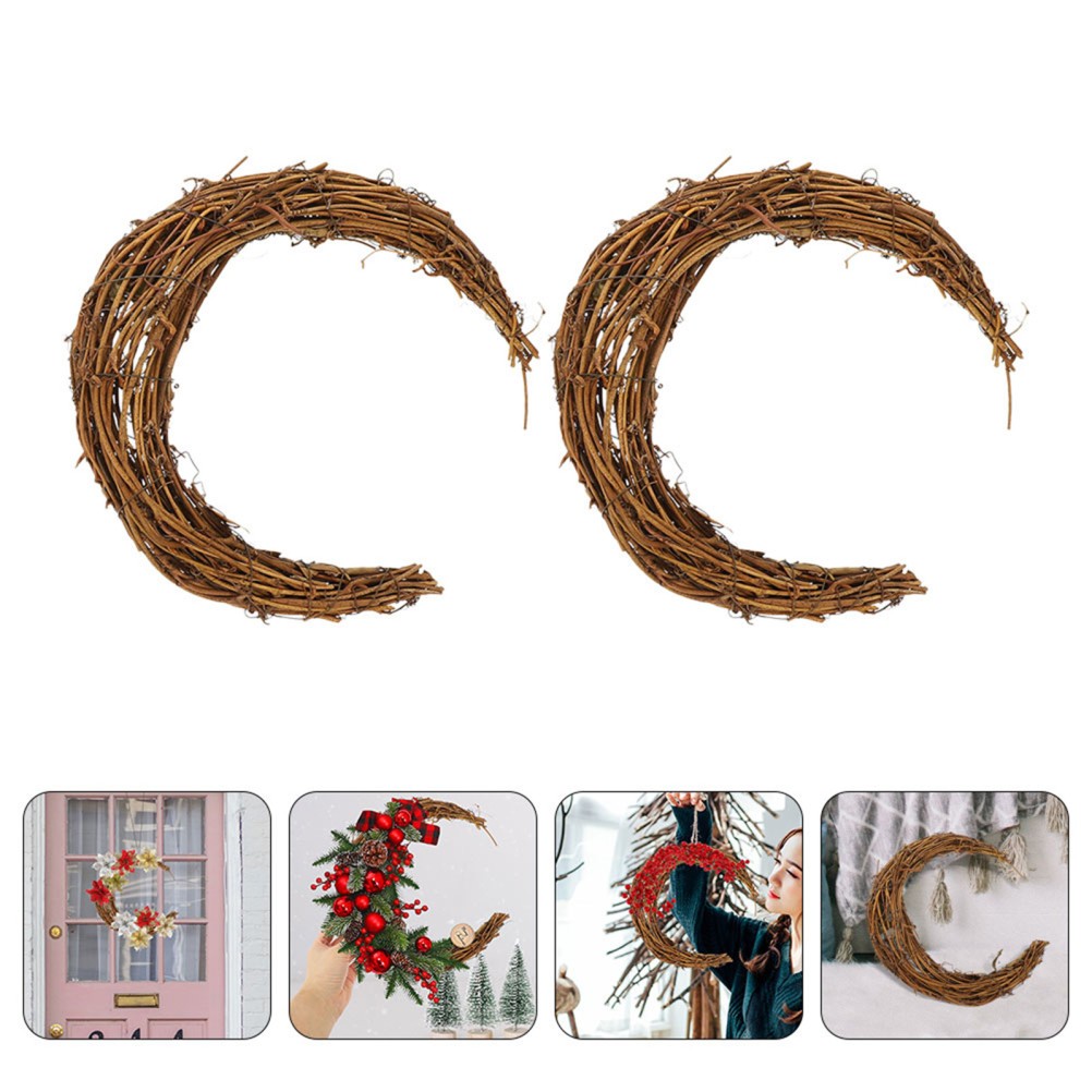 2Pcs Reusable Moon Rattan Wreath Ring DIY Decor Frame with Natural Vine