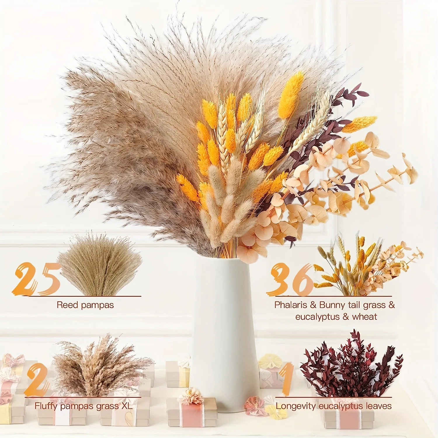 80PCS Natural Dried Flowers Bouquet Pampas Grass Bunny Tail Grass Boho Home Wedd