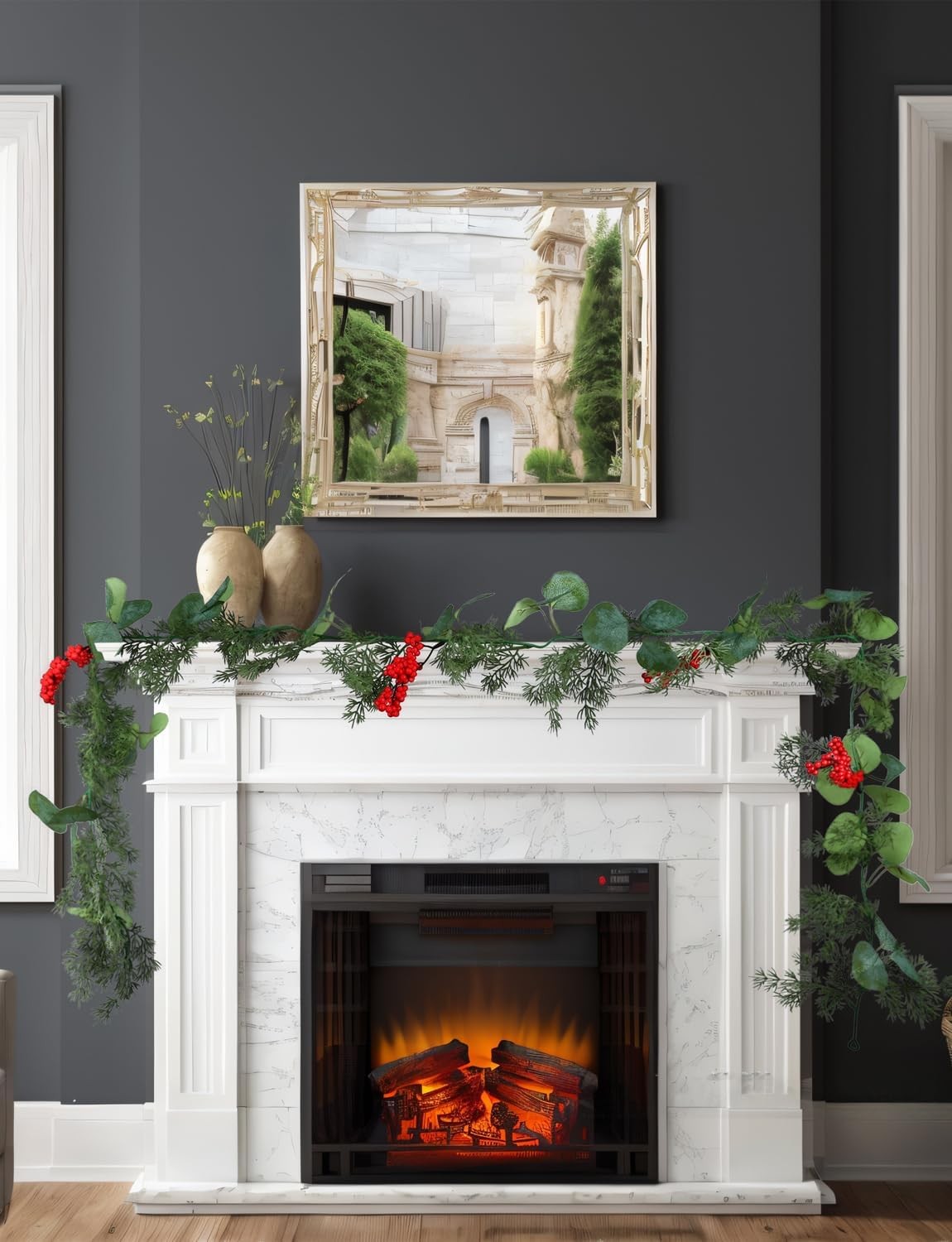 5.9 Feet Eucalyptus Leaves Red Berry Norfolk Pine Christmas Greenery Garland