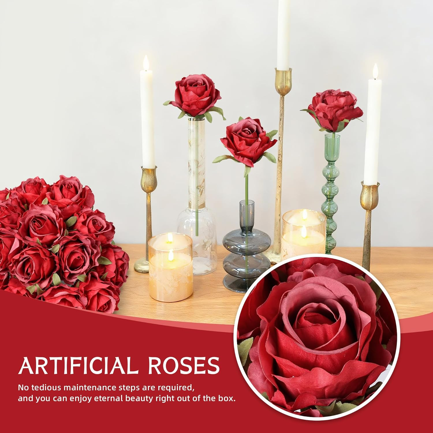 18-Piece Realistic Red Silk Roses Bouquet for Home, Weddings, and Gifts