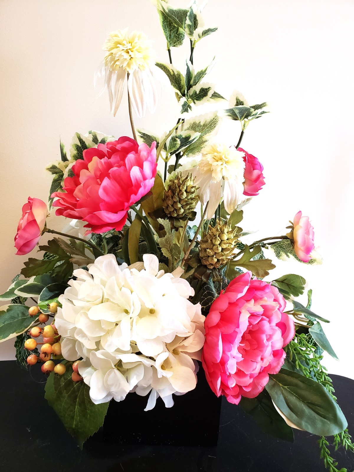 Hot Pink Peony & White Hydrangea Arrangement, Pink Spring Silk Floral