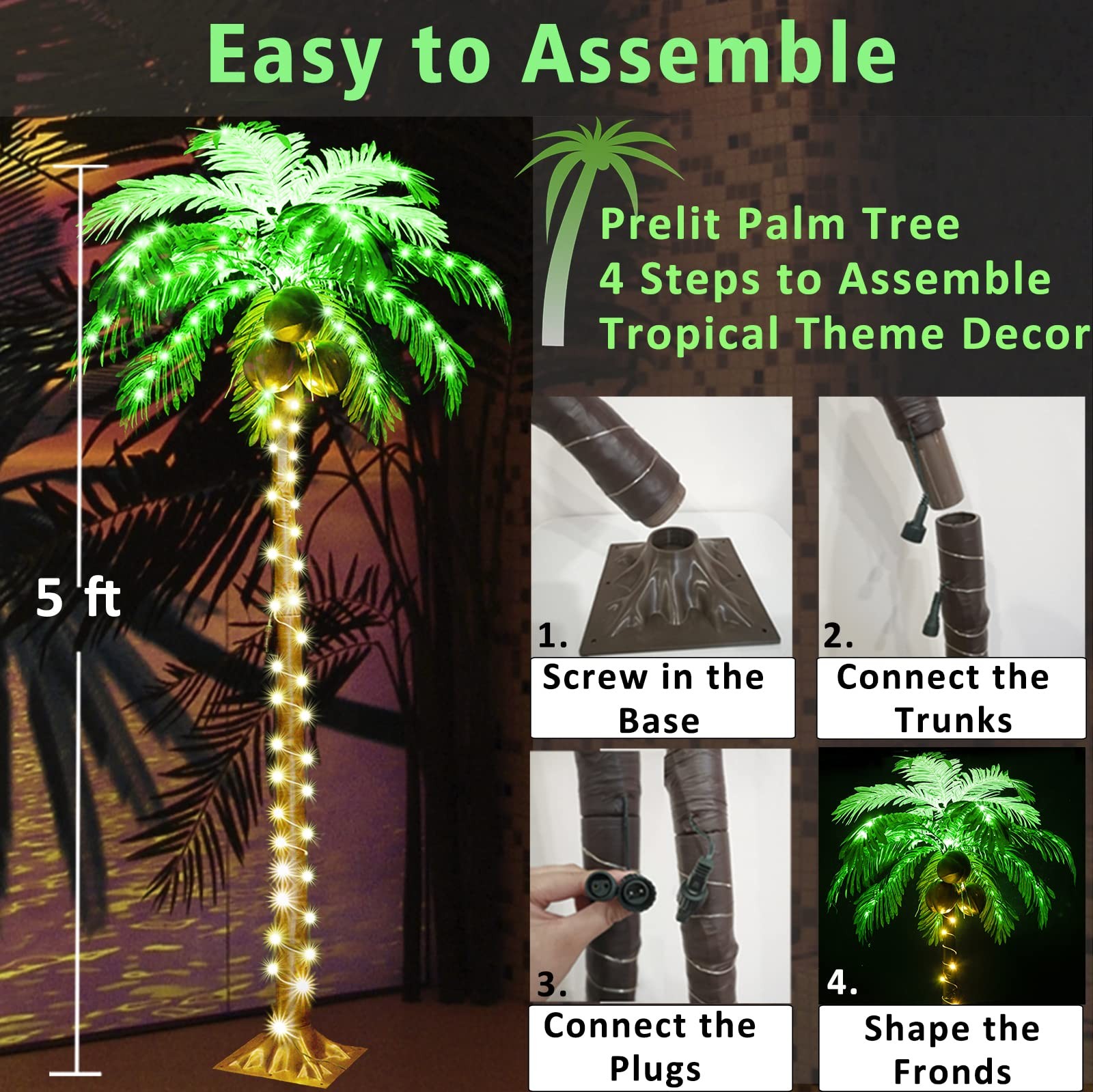 HEYCOLOR 5FT LED Lighted Palm Tree with Coconuts Outdoor Artificial Palm Tree Pr