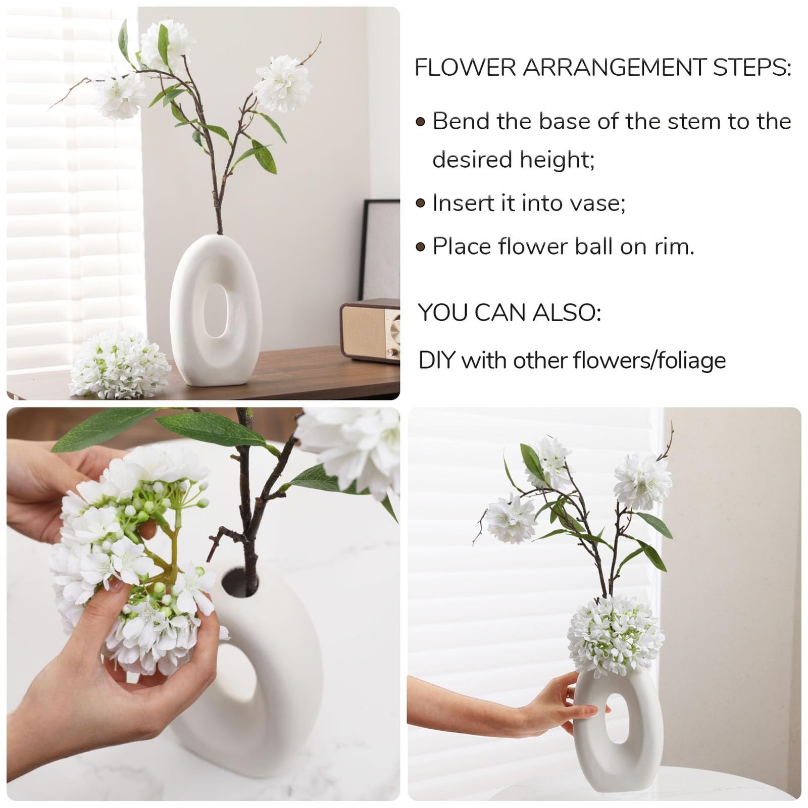 Fake Flower Bouquet and Vase Set Faux Silk Arrangement White Blossoms