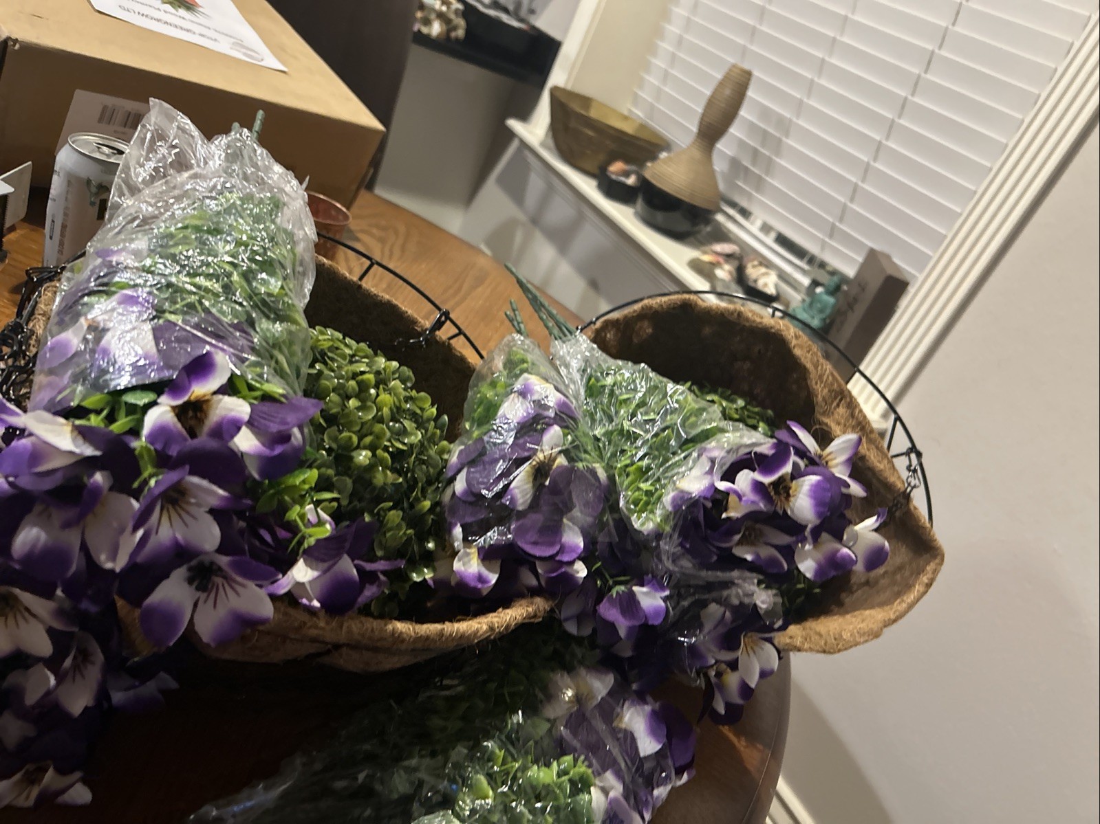 Purple & White Artificial Hanging Plant Basket with UV-Resistant Flowers