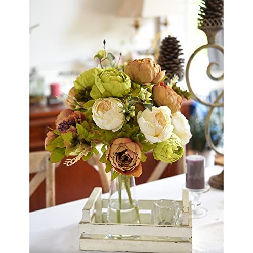 Vintage Artificial Peonies Silk Peony Country Rustic (Beige, Green & Brown)