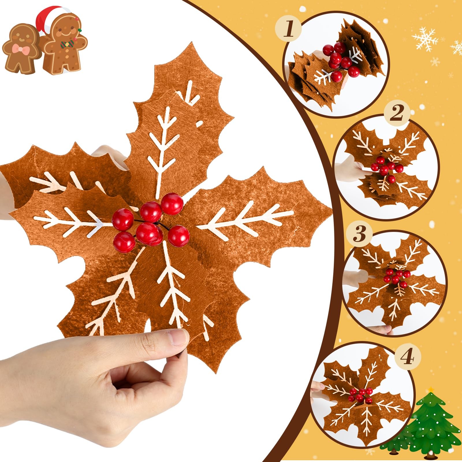 8 PCS 9 Inch Gingerbread Poinsettia Christmas Tree Picks Decorations Felt Art