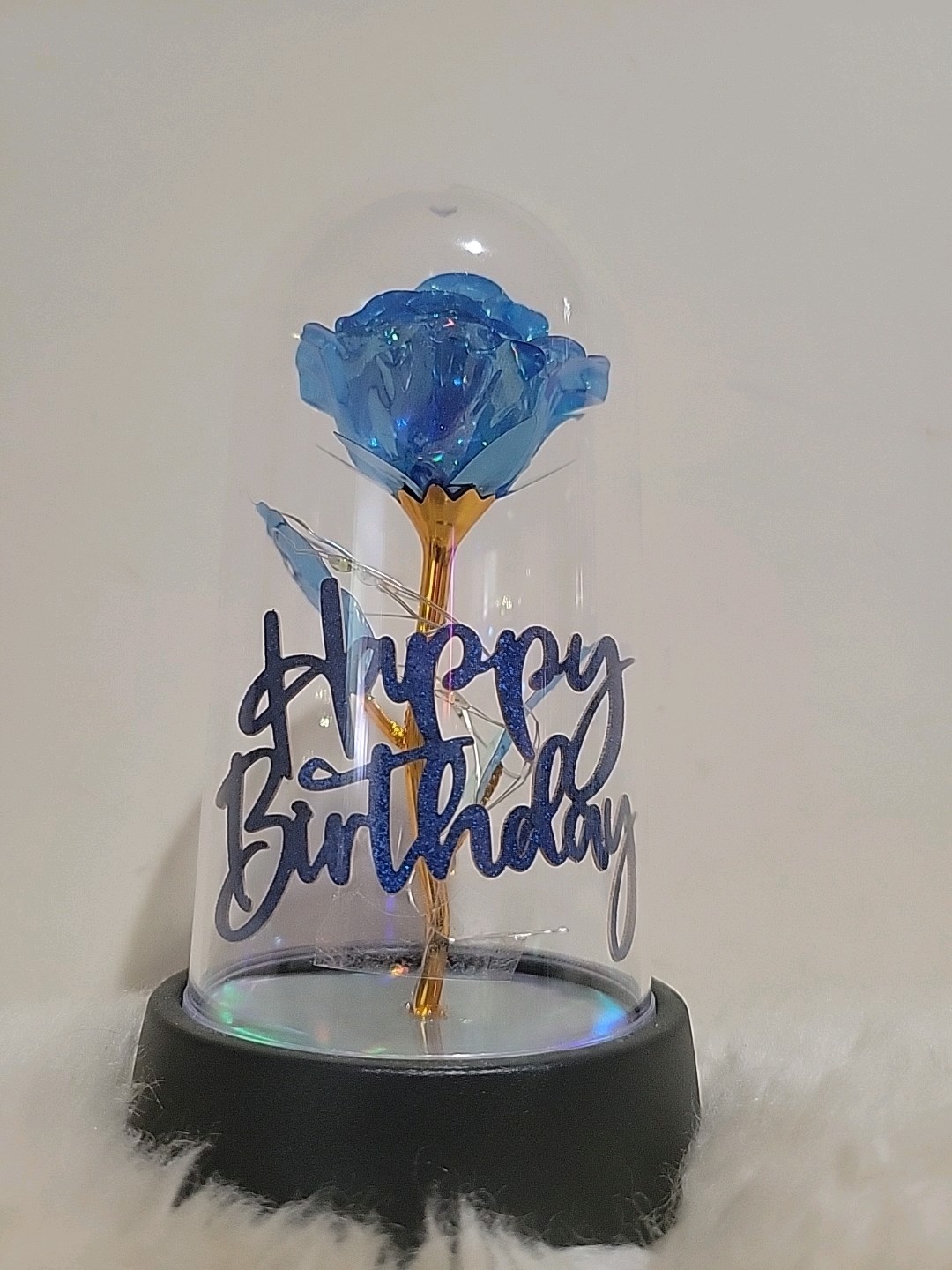 New with Box – Crystal Rose with LED Light In Dome Cover – Happy Birthday – blue