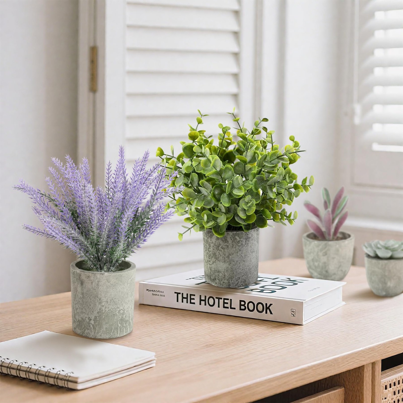 4 Packs Fake Plants Small Artificial Plants for Shelf Lavender Flowers Eucaly…