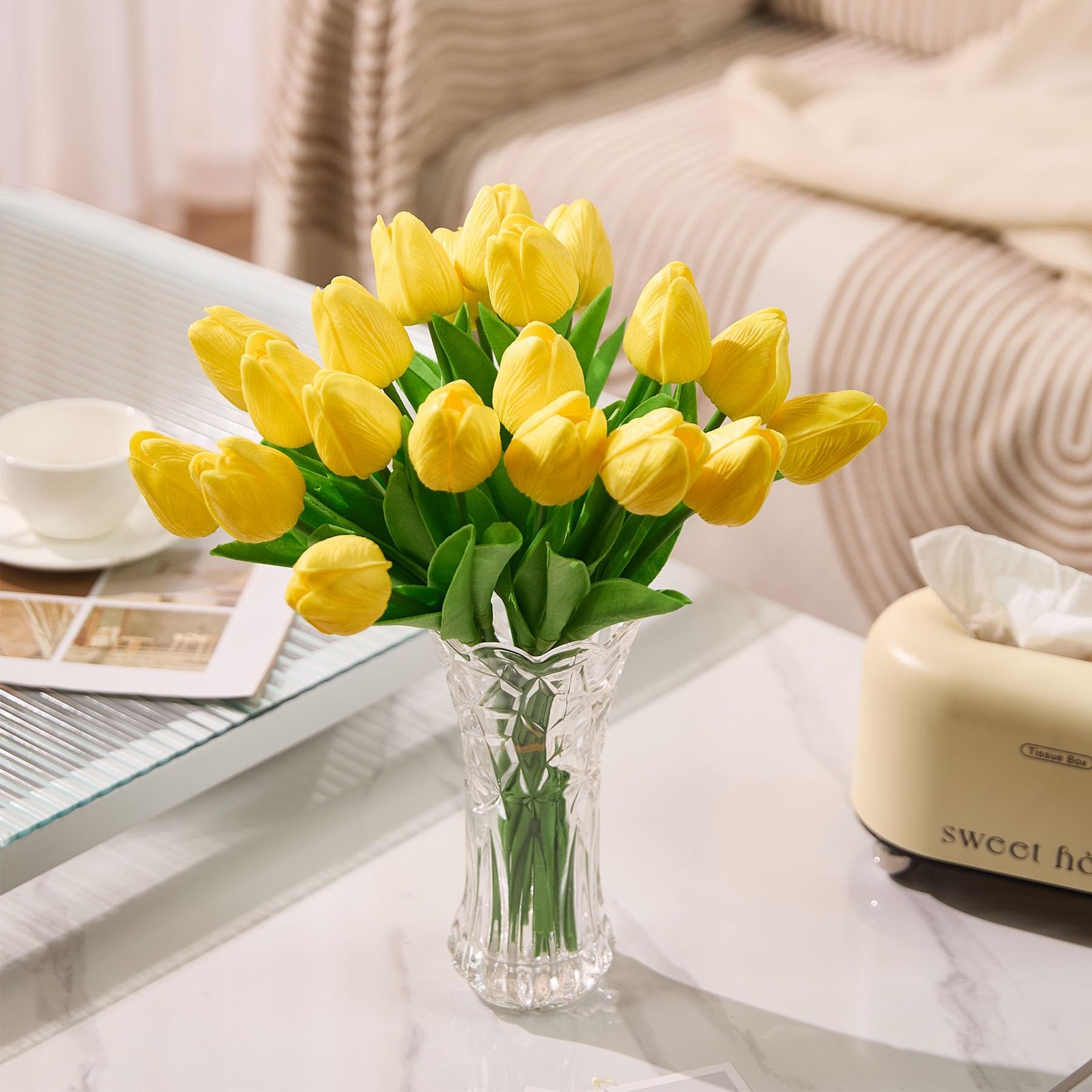 30 PCS Yellow Tulips Artificial Flowers Real Touch 13 Inch Silk Bouquet Decor