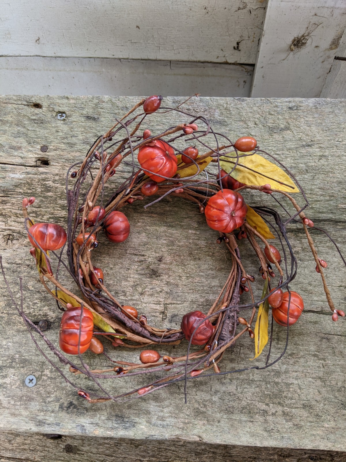 PUMPKIN BERRY CANDLE RING WREATH Pip Leaves Twig Autumn Fall Harvest 9″ x 4..5″